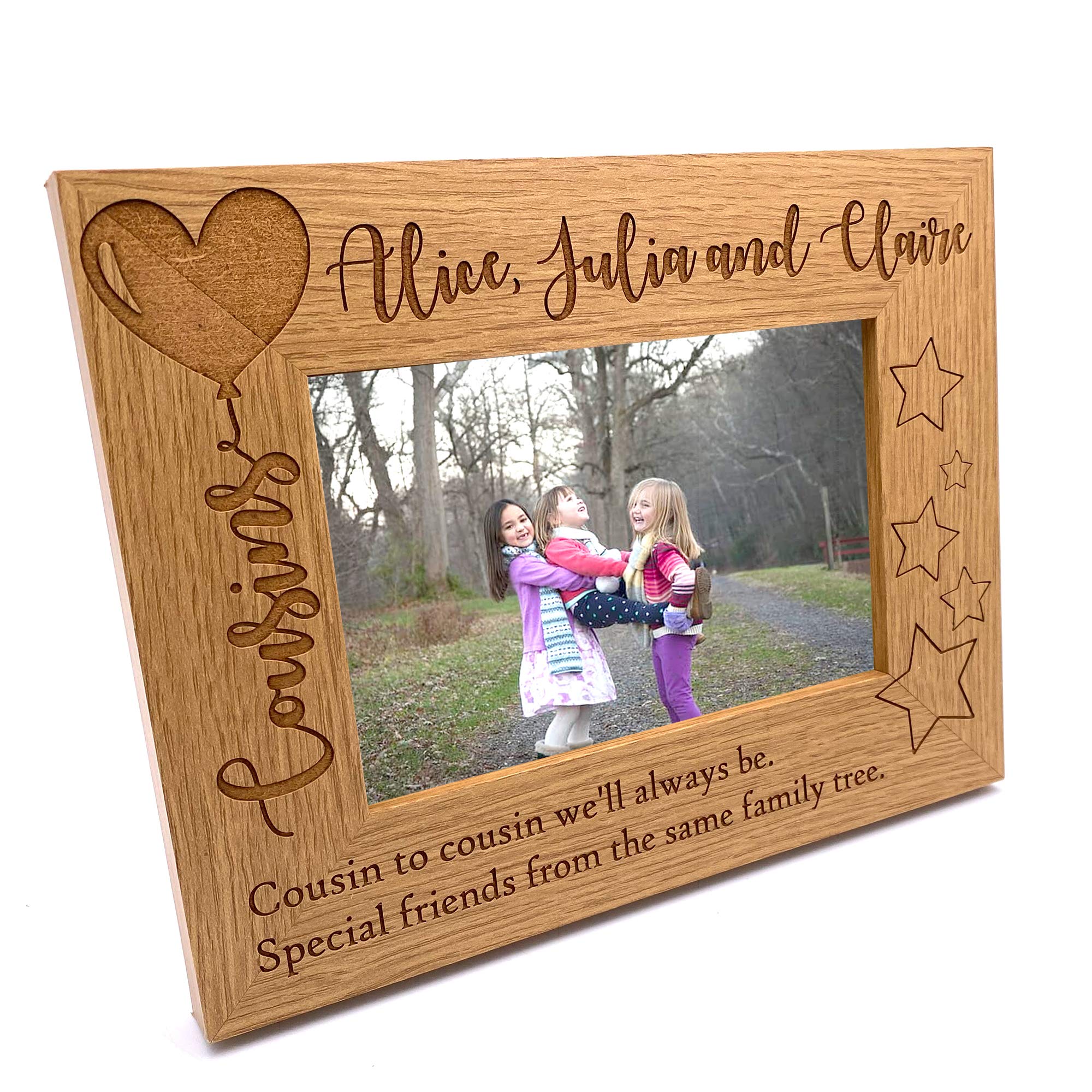 Ukgiftstoreonline White/Light Wood Personalised Cousins Photo Frame Balloon Design (4 X 6 Inch)