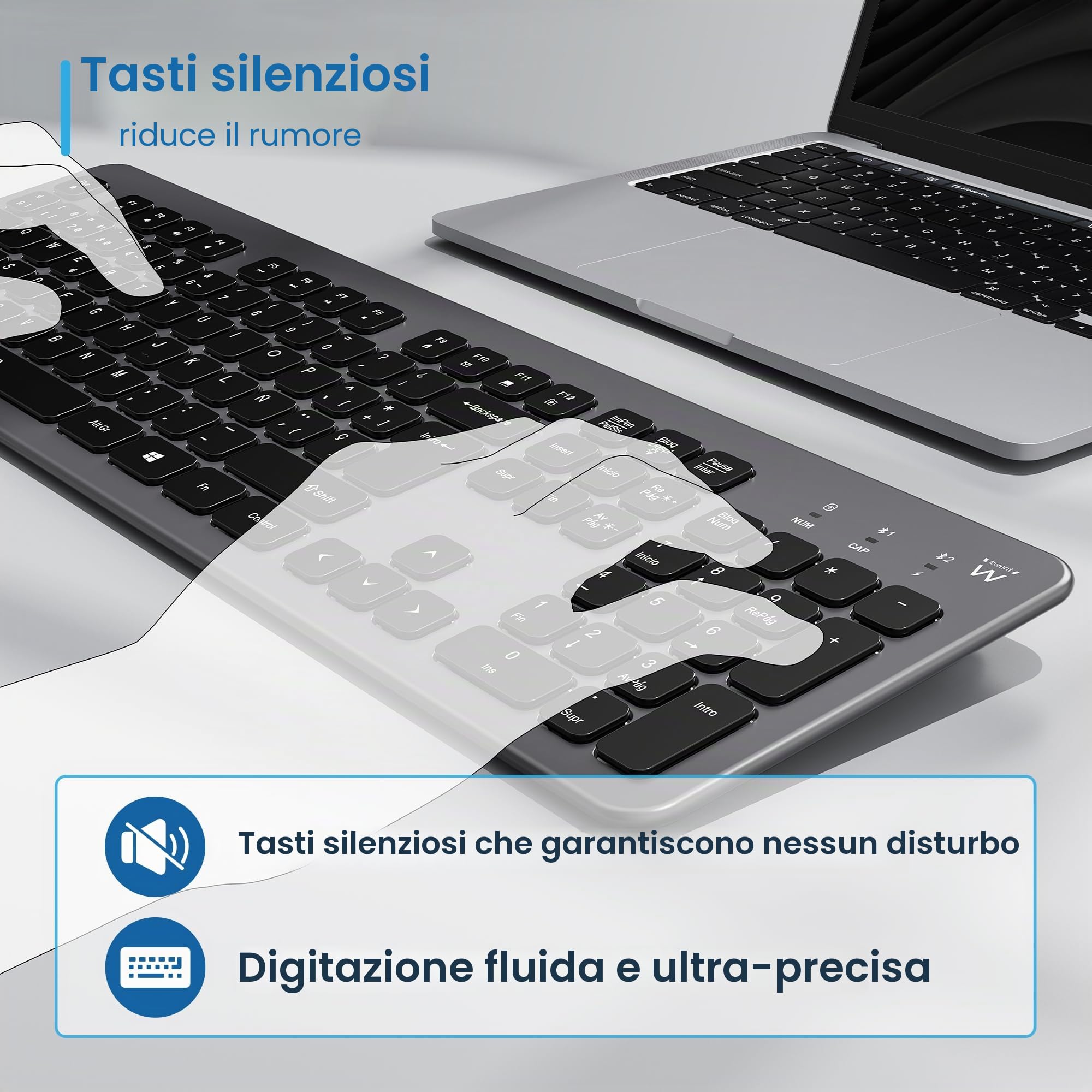 Ewent Tastiera Wireless Retroilluminata Full Size con Layout Spagnolo, Bluetooth e Wireless 2.4GHz, Tasti Silenziosi, Batteria Ricaricabile, Tastiera Senza Fili per Windows, macOS, Android e Tablet