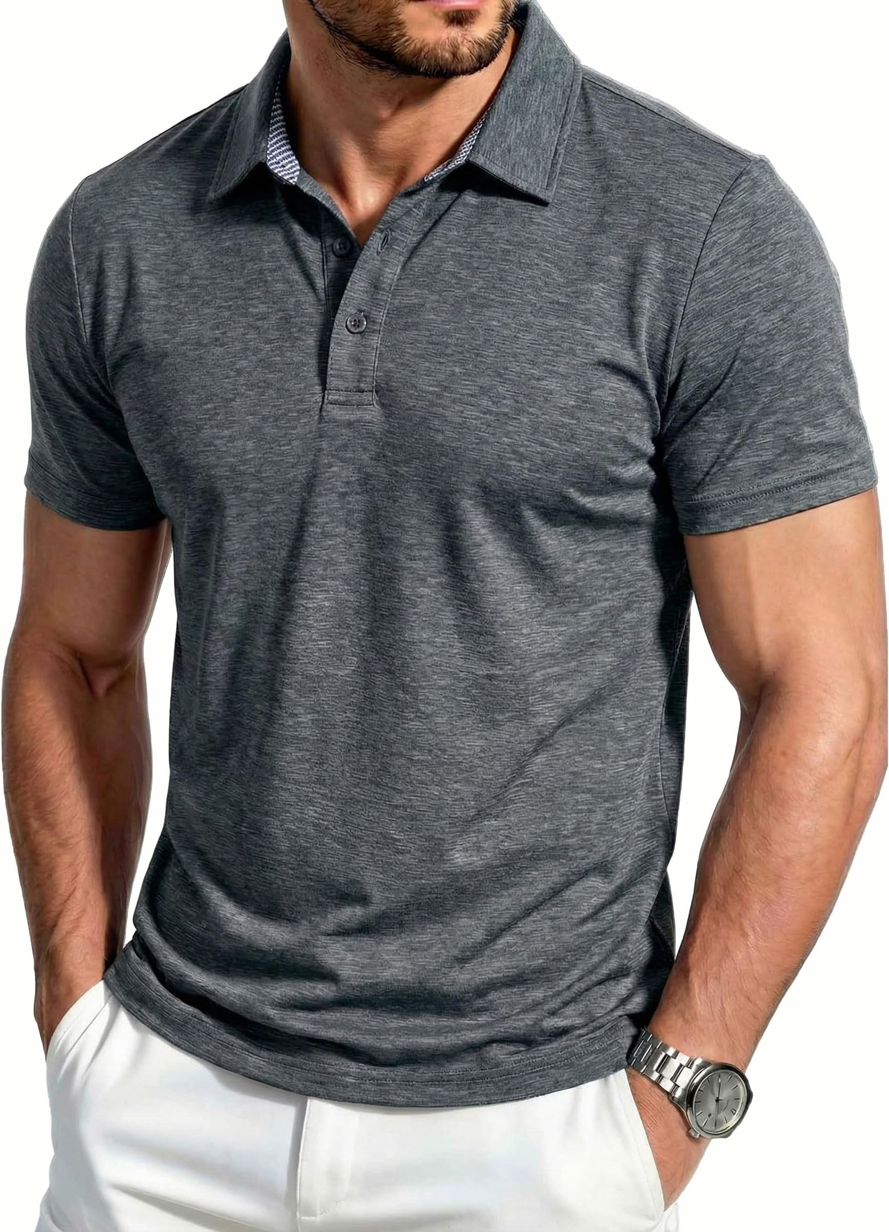 Men's Polo Shirts Summer Short Sleeve Quick Dry Work Golf Tops Athletic Casual Collared T-Shirt with 3 Buttons