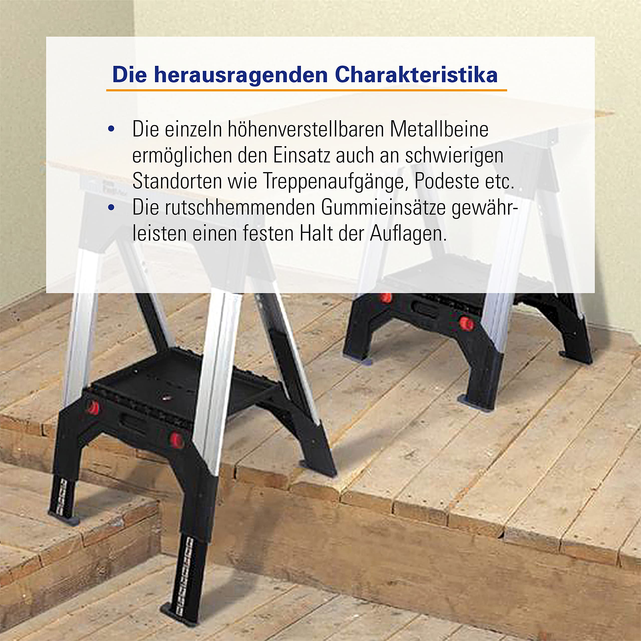 Karl Dahm Juego de 2 caballetes de trabajo de 70 cm de ancho I Caballete plegable de altura ajustable con inserciones de goma I Altura ajustable de 80 – 100 cm I Carga 1180 kg por par – 10975