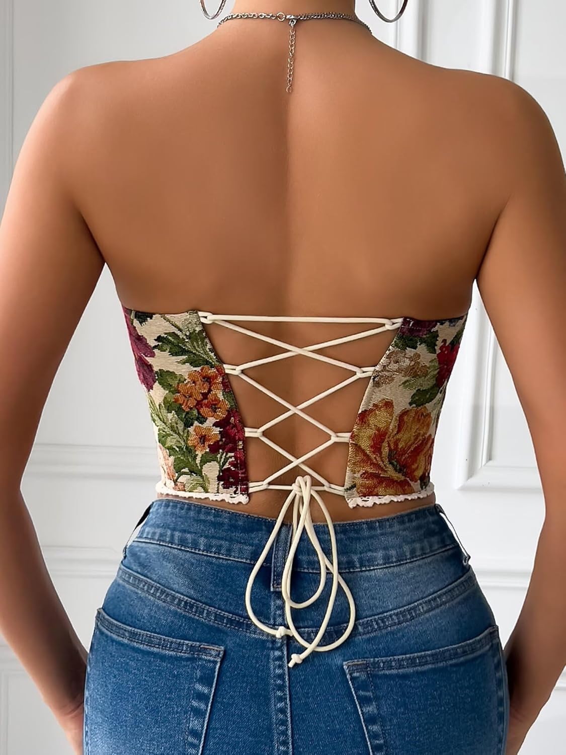 Vintage Corset Top for Women Floral Strapless Bustier Lace Trim Lace-up Lingerie Bodyshaper Crop Tube Tops - Image 3