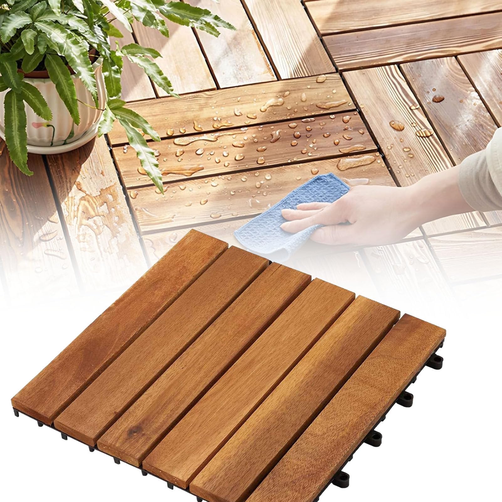 Piastrelle Antiscivolo per Esterni 6-Slat-12pc | Pavimentazione a incastro in legno di acacia (30x30 cm) per patio,terrazza e giardino; piastrelle in legno ritagliabili