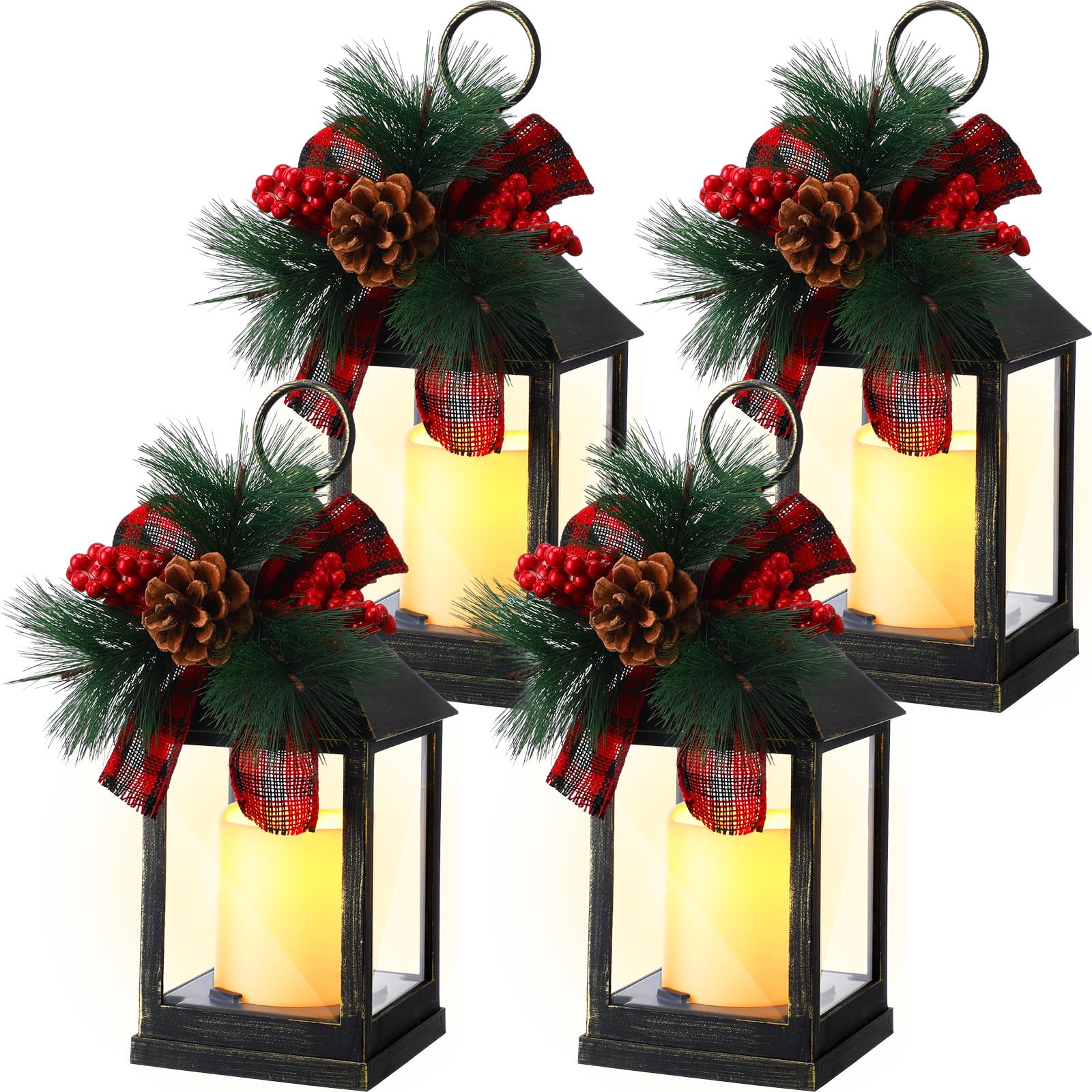 Tioncy 4 Pack Christmas Decorative Candle Lantern Christmas Lights Battery Operated Xmas Vintage Led Hanging Lantern Holiday Centerpieces for Tables