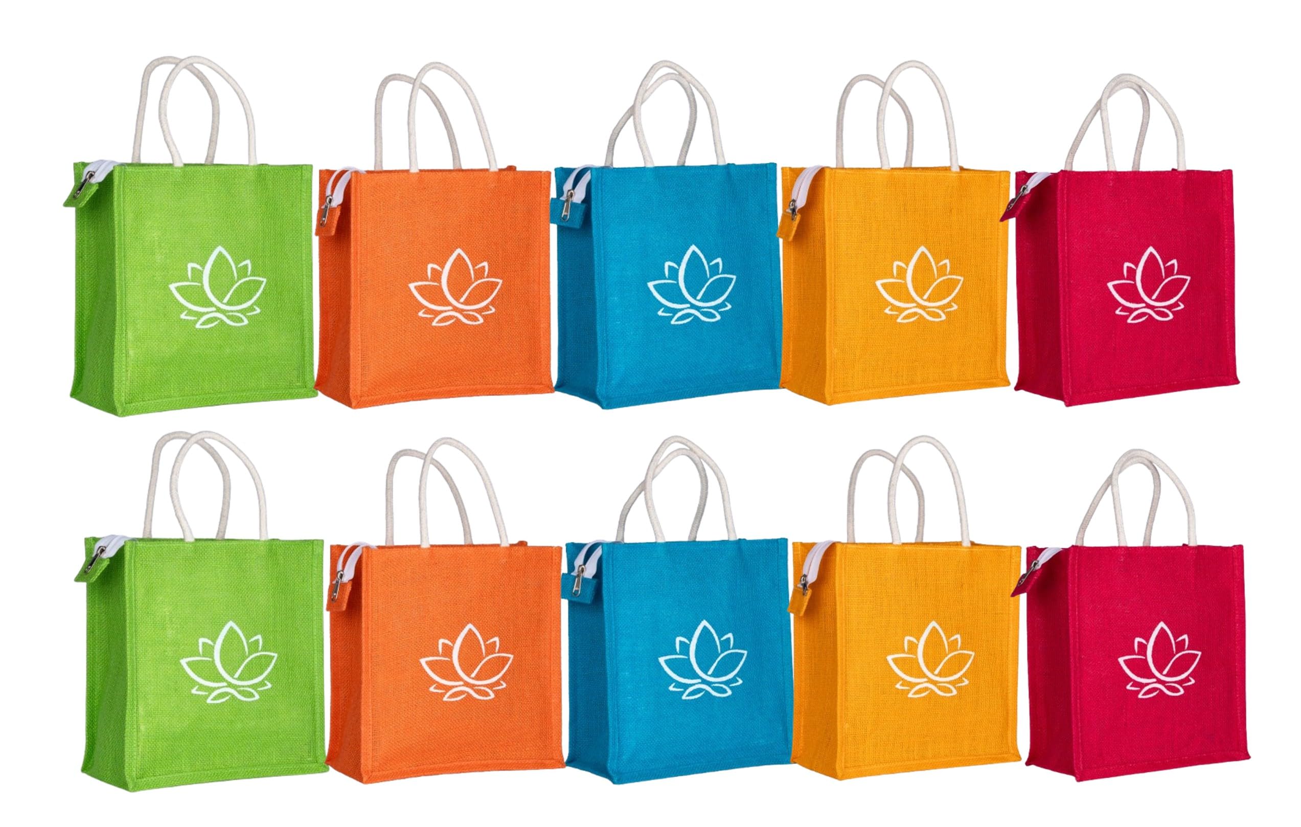 Soman Jute Ecofriendly Return Gift Bags Lotus Printed Multicolor with Zip Pack of 10 Bags