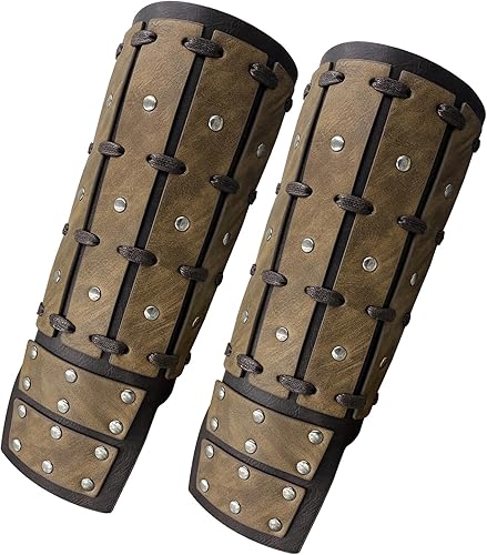 Vista 2 de HiiFeuer Brazaletes medievales de piel sintética con tachuelas, protectores de brazo mercenarios vintage, guanteletes de arquero caballero para Ren