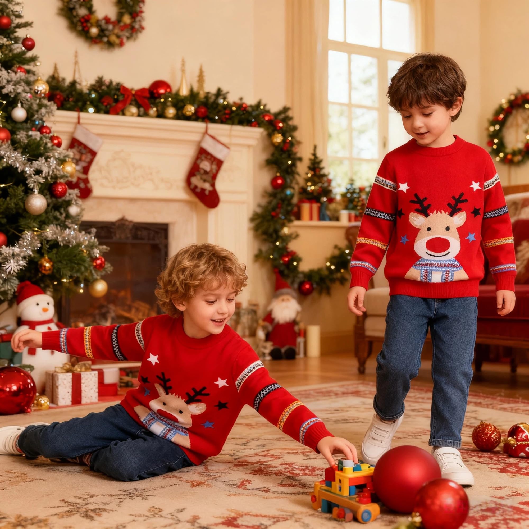 Jersey Navideño Niños Suéter de Punto Cuello Redondo Unisex 2-6 Años