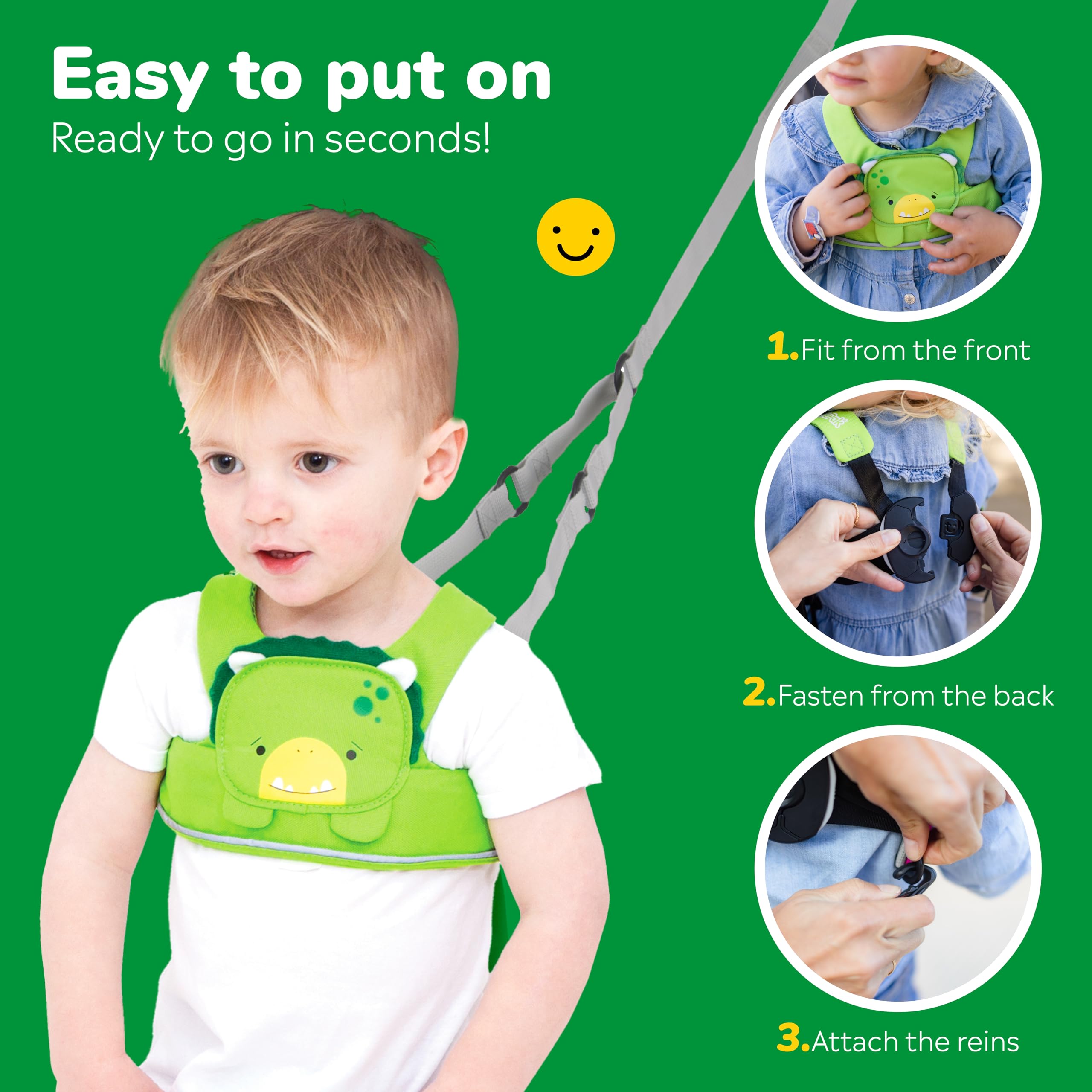 Trunki ToddlePak - Fuss Free Baby Walking Reins And Toddler Safety Harness – Dudley Dinosaur (Green) — view 5