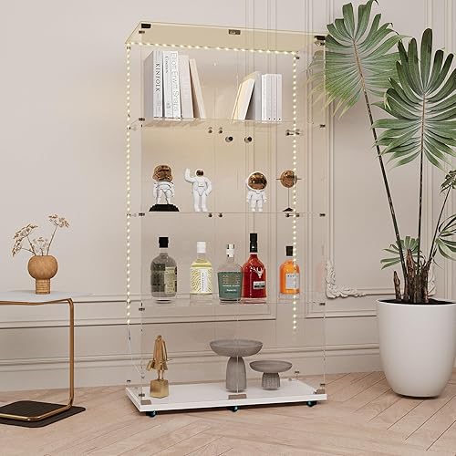 Miniatura 26 de Vitrina de cristal con 4 estantes con tira de luces LED y cerradura, vitrina de vitrina con ruedas y 1 puerta, vitrina de vidrio templado para sala