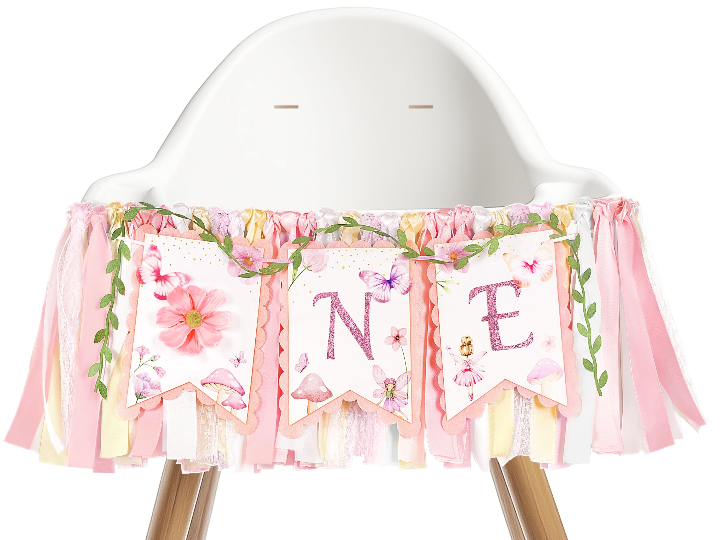Kriyokiaa Highchair Banner 1st Birthday Girl Floral and Butterfly Fairy Theme First Birthday Party Decoration for Photo Background