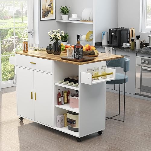 Miniatura 3 de PAKASEPT Isla de cocina sobre ruedas, carrito de cocina portátil con hoja de caída y ruedas con cerradura, isla de cocina rodante con estante para