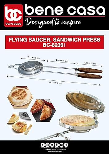 Bene Casa - Prensa de sándwich de platillo volador con asas de madera natural de alta resistencia (16 pulgadas) - Ideal para fogatas o cocinar en