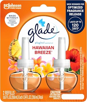 Glade PlugIns Refills Air Freshener, Scented and Essential Oils for Home and Bathroom, Hawaiian Breeze, 1.34 Fl Oz, 2 Count