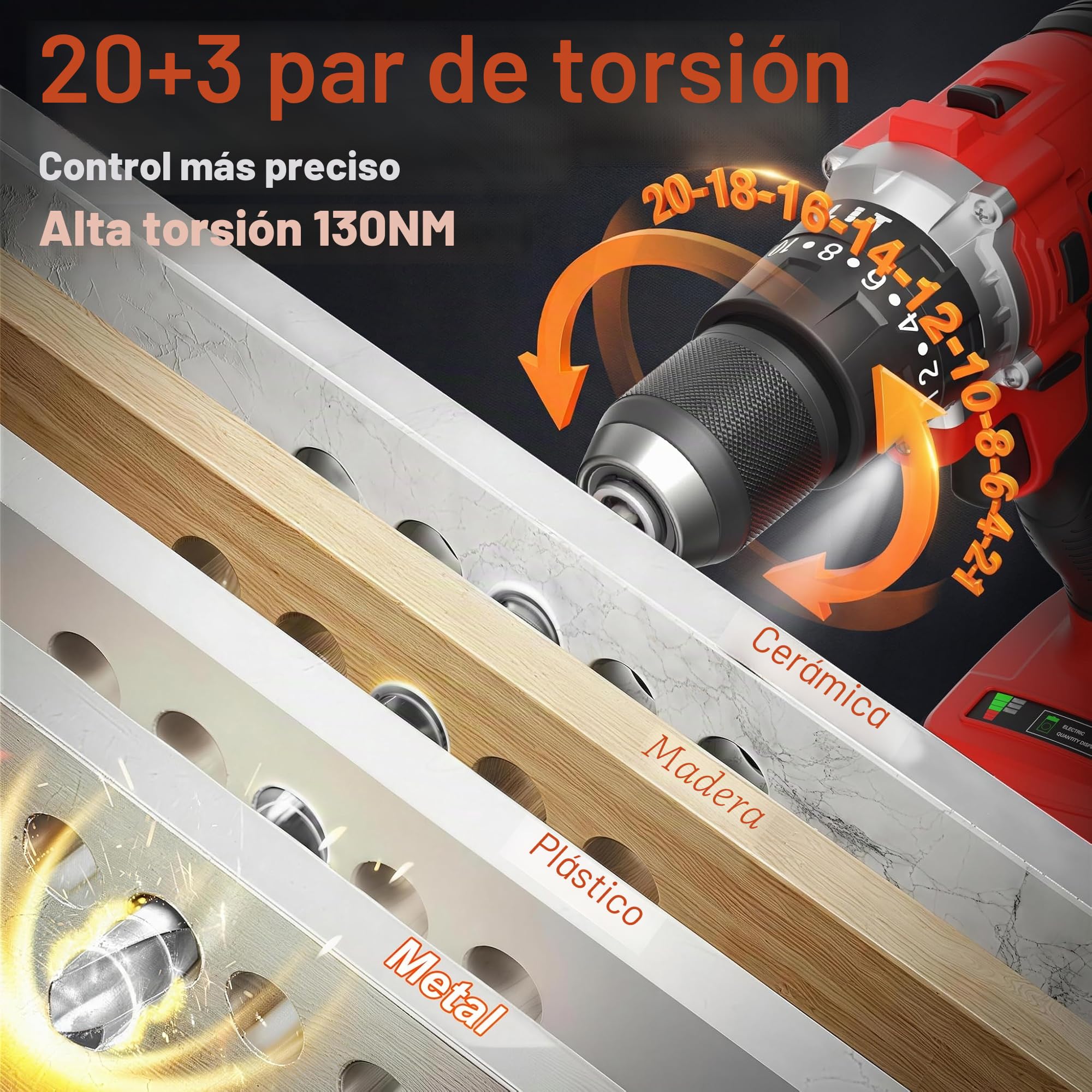 TEENO Taladro Atornillador Inalámbrico para Batería Makita de 21V 2 * 4,0 Ah Baterías,130 Nm Taladro Percutor Bateria,20+3 Configuraciones de Par,2 Velocidades, LED,76 Accesorios y Maletín