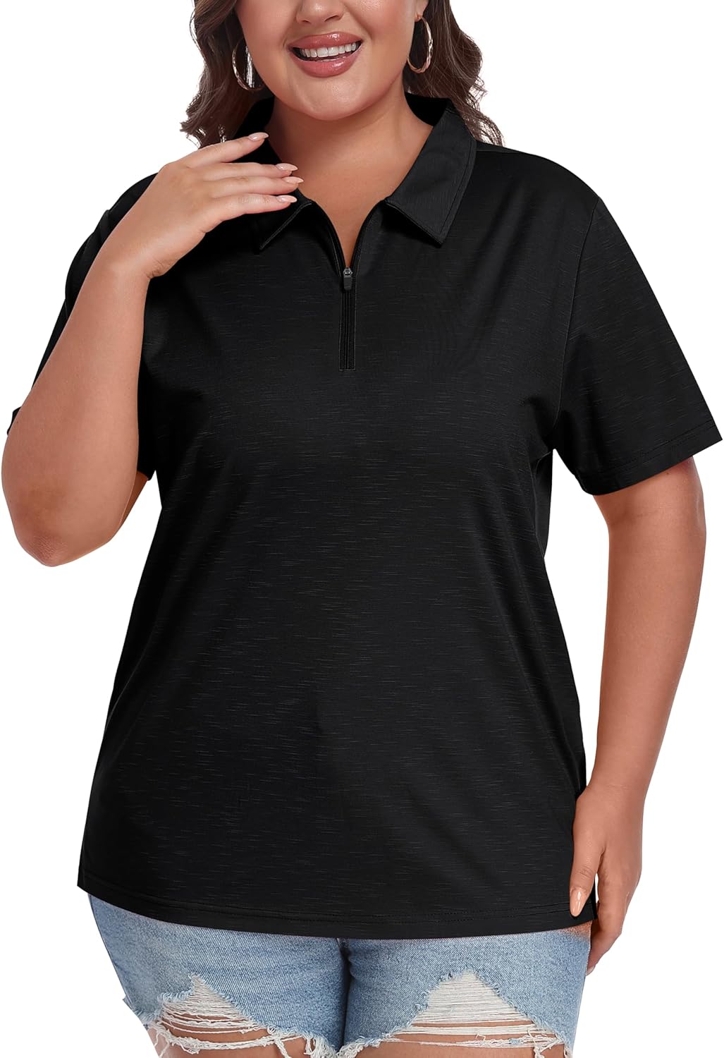 MoFiz Plus Size Zipper Up Golf Polo Shirts for Women Short Sleeve Collared Tennis Workout Tops Casual Activewear XL-5XL