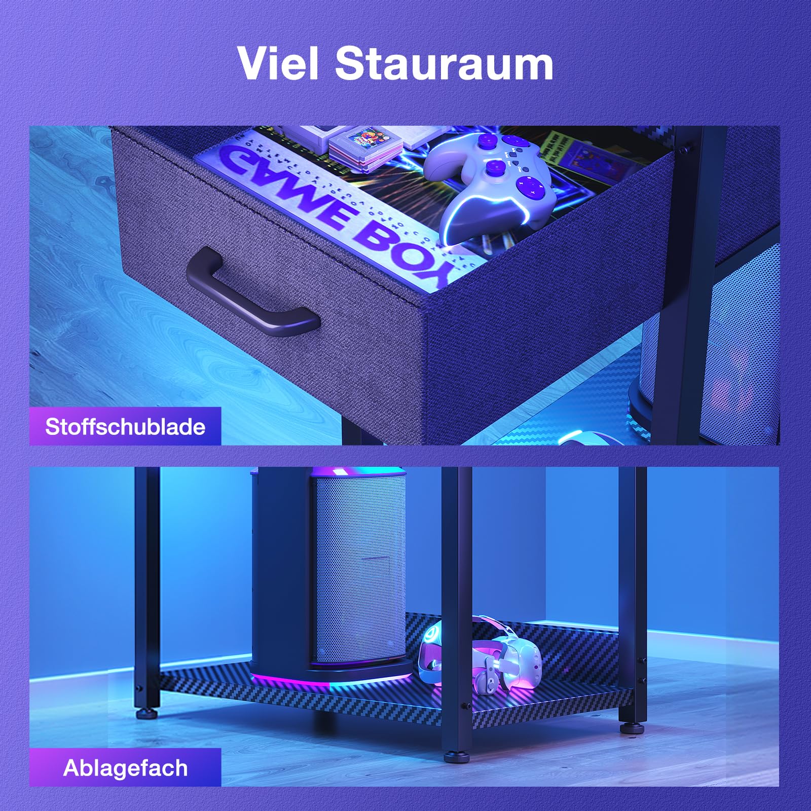 Coleshome Gaming Tisch mit LED-Beleuchtung,120×48cm Gaming Schreibtisch mit Schubladen und Regal, Umkehrbarer Computertisch mit Kopfhörerhalterung, Carbon Fiber Schwarz