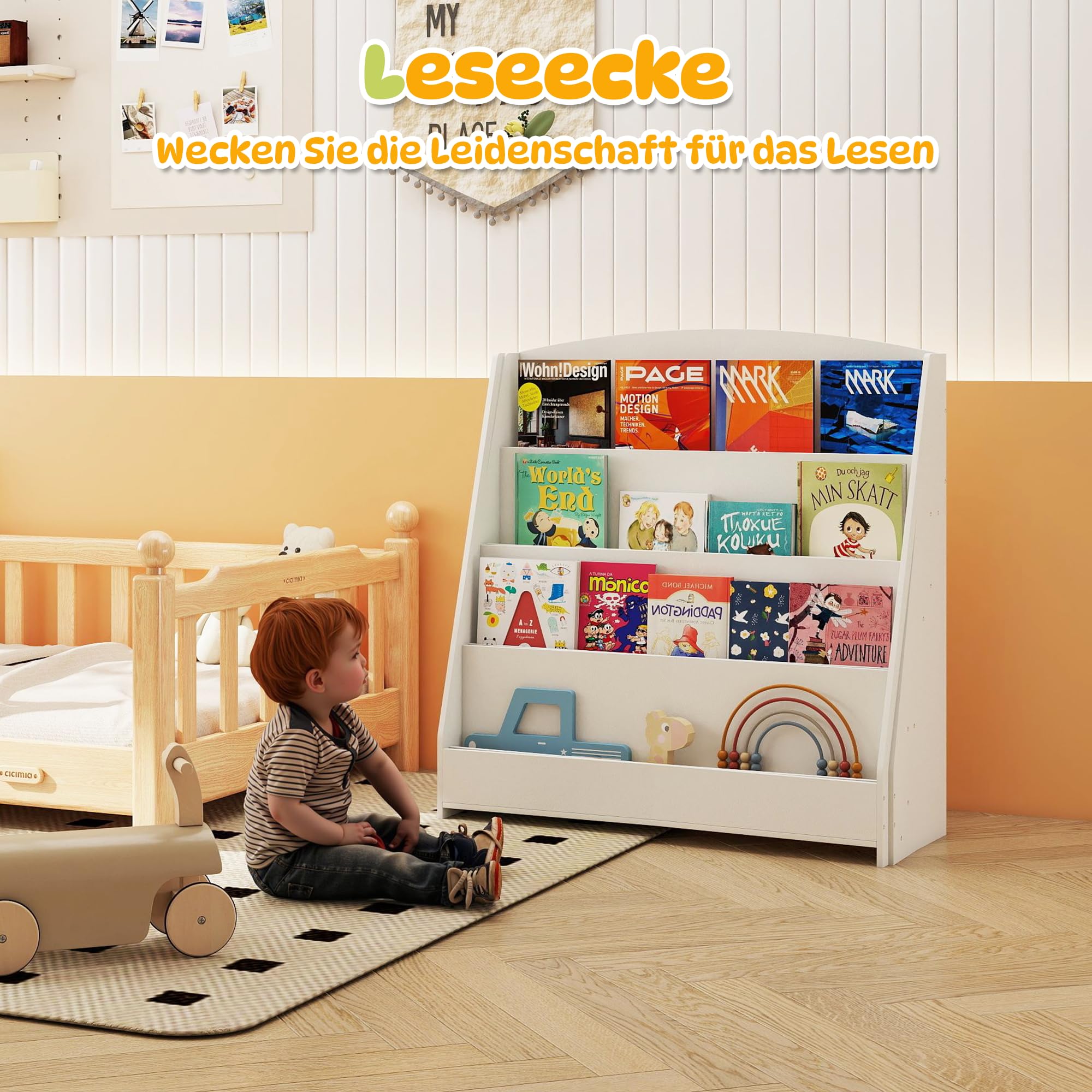 4-stöckiges Kinderbücherregal aus Holz mit 4 Einlegeböden, bücherregal Kinder für Kinderzimmer Kindergärten, 80 × 30 × 88 cm, Natur