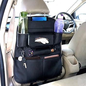 Woschmann PU Leather Car Auto Seat Back Organizer Universal Multi Pocket Travel Storage Bag with Hangers, Tissue Paper and Bottle Holder