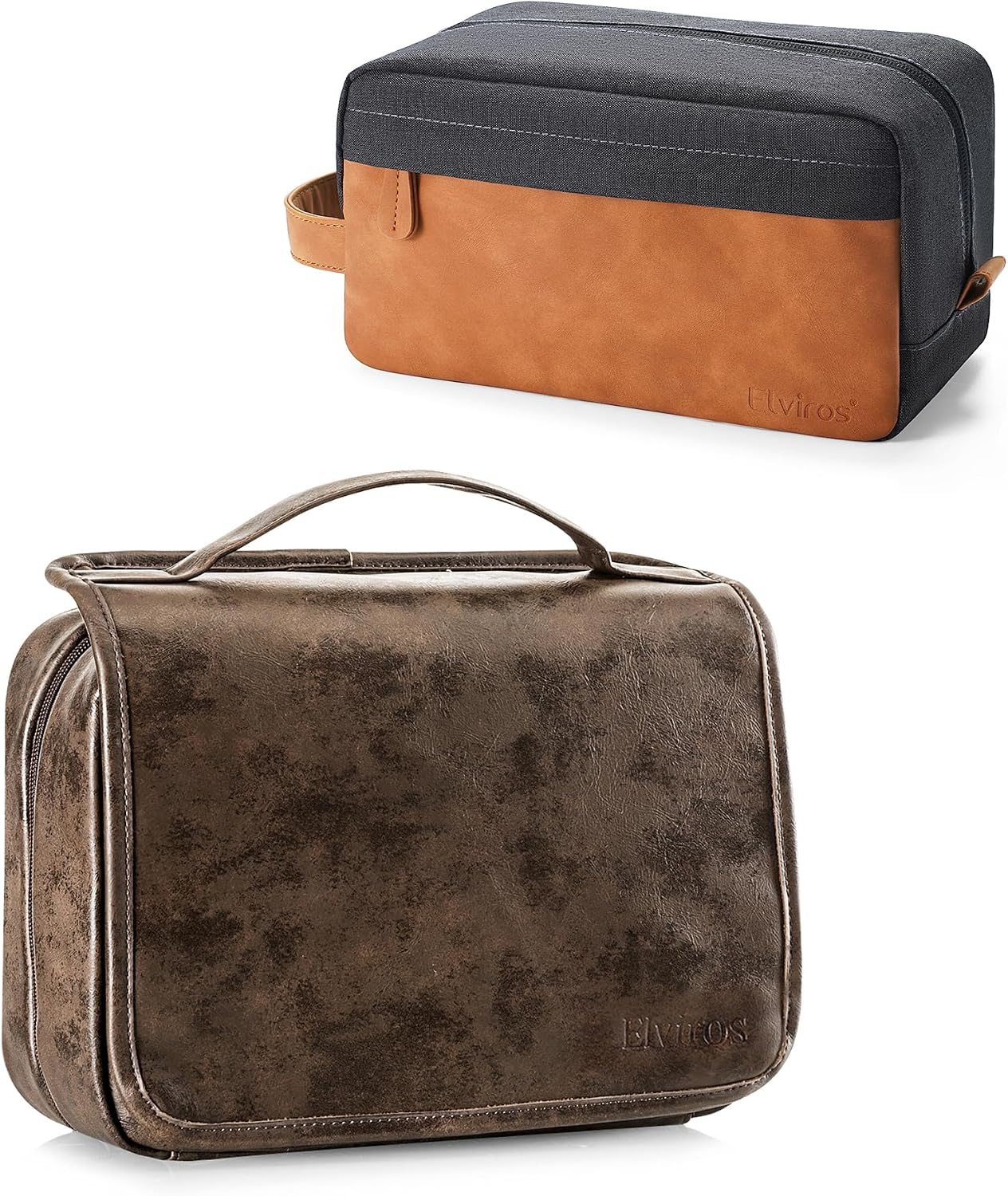 Elviros Hanging Toiletry Bag for Men, PU Leather Travel Dopp Kit, 2 Pack