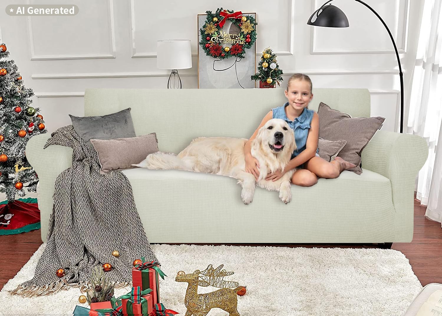 Ystyle Stretch Sofa Überzug 3 Sitzer, Naturweiß | Elastisch Sofabezug mit Armlehnen, Jacquard Couch Überzug Rutschfest, Waschbar Sofa Cover Protector für Hunde Haustiere