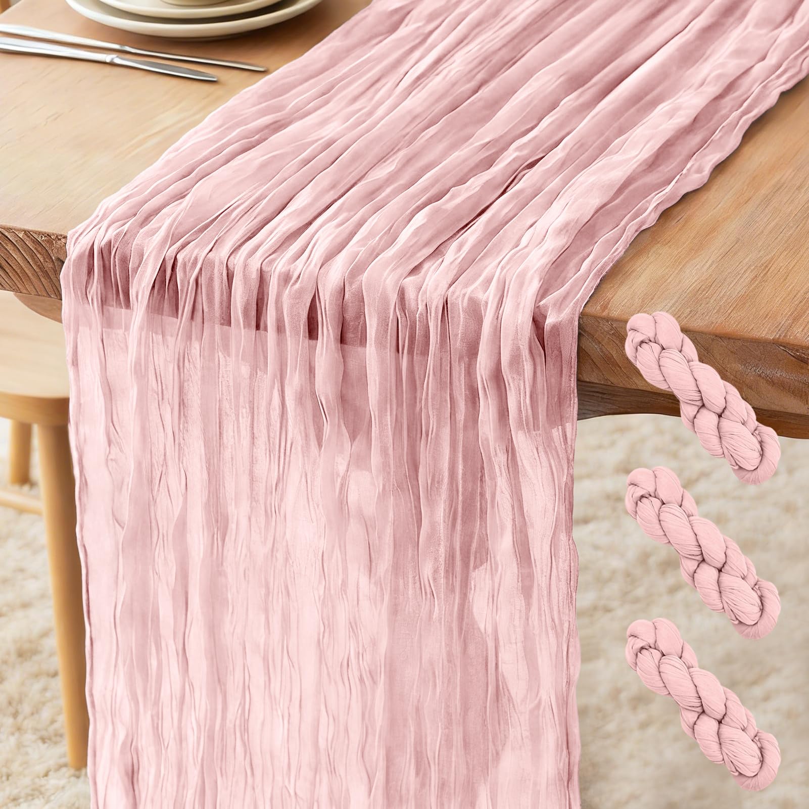 3 Pack Cheesecloth Table Runner Pink, 300 x 90 CM Bohemian-style Gauze Rustic Gauze Fabric Tablecloth for Wedding, Parties, Christmas and New Year's Eve Table Decoration