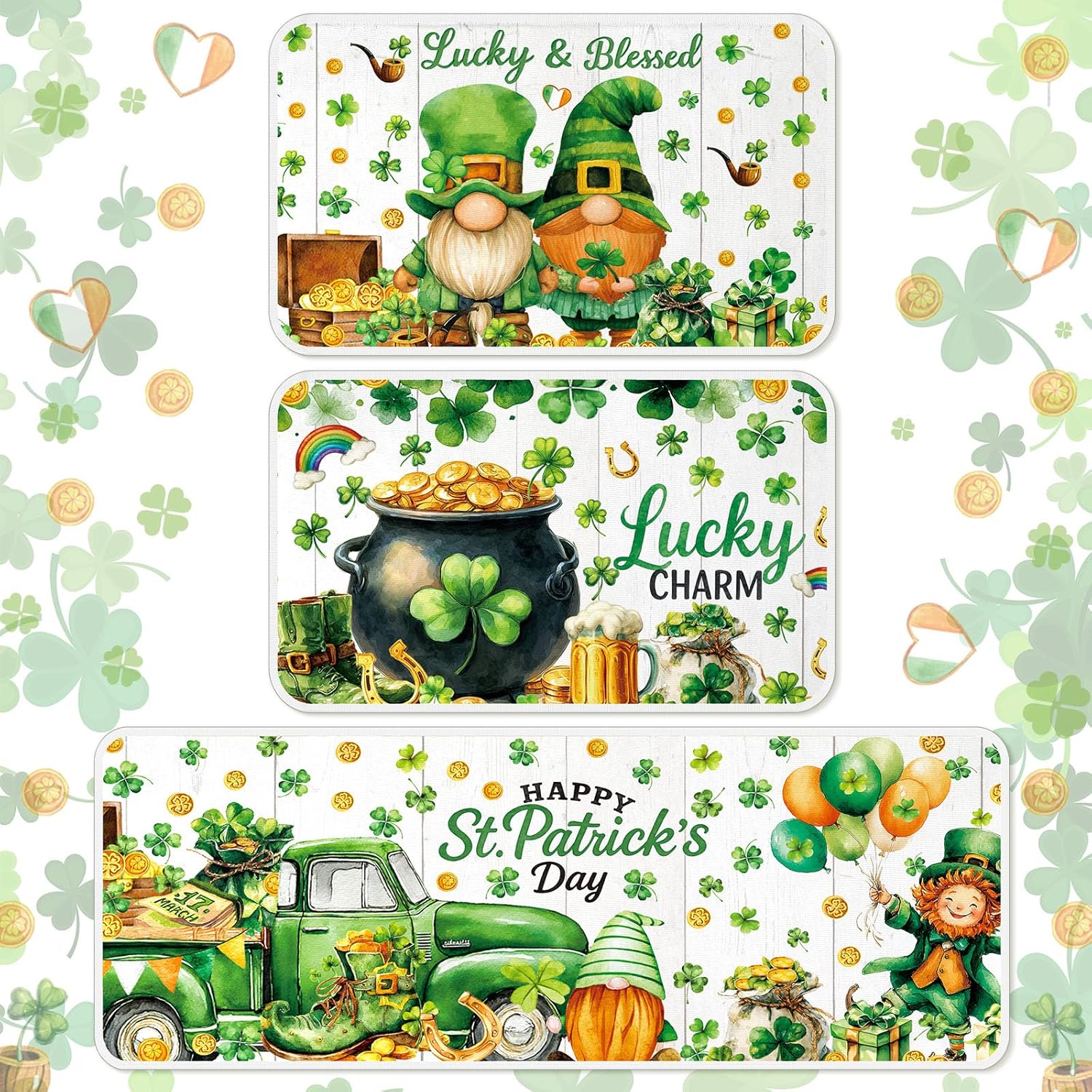 3 Pcs St Patricks Day Kitchen Rugs and Mats Set Lucky Green Shamrocks Non Slip Rug Waterproof Gnomes Floor Mat for Irish Saint Patricks Day Kitchen Home Bar Office Bathroom Door Party Decor