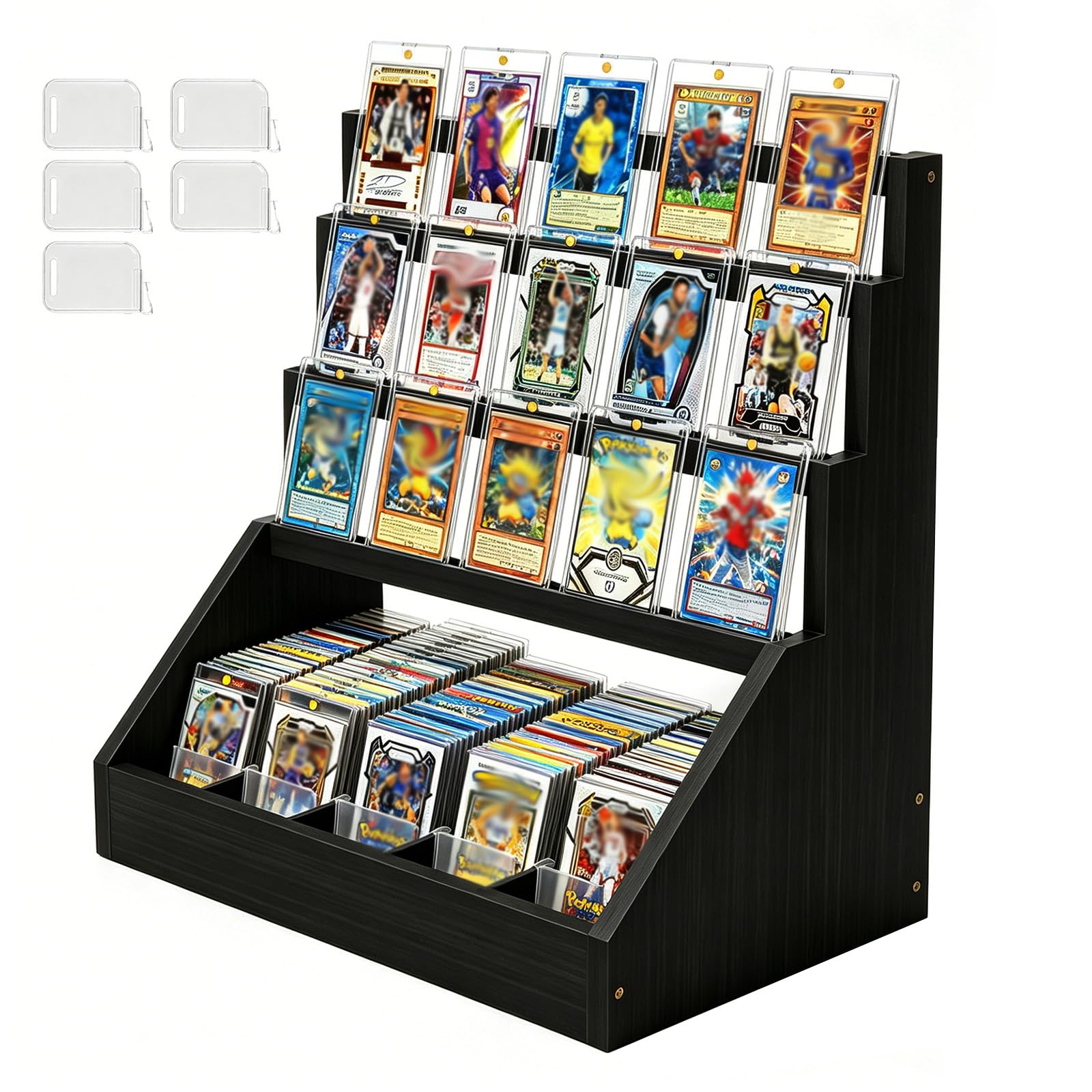 XunHe Trading Card Display Stand - 3-Tier Wooden Card Storage Case with 5 Rows & Card Stoppers Graded Card Storage with Card Supporters and Dividers, Sports Card Display Case for Card Game Collection