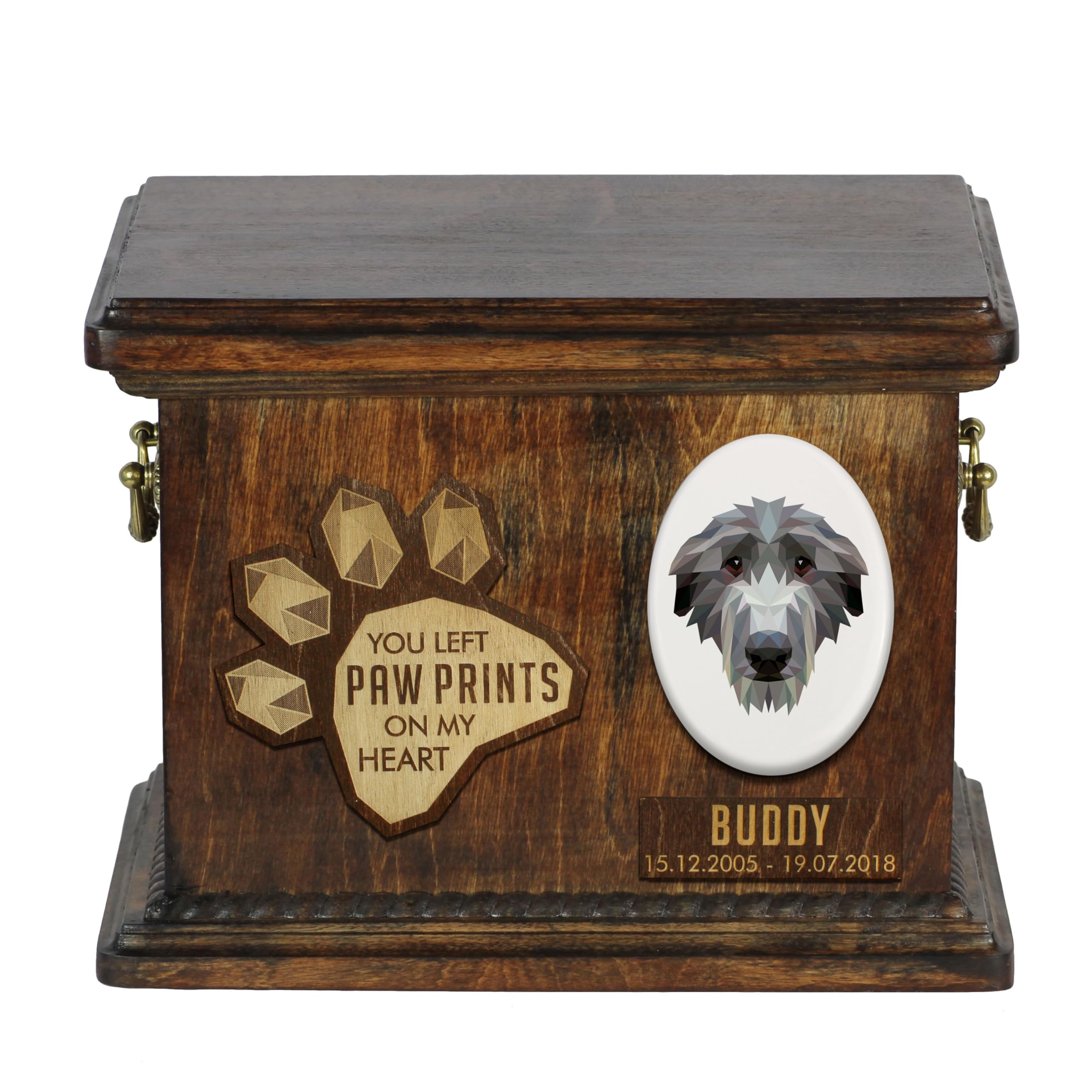 Art-Dog Custom Geometric Dog Memorial Urn - Handmade Wooden Urn – Decorative Ceramic Plate - Custom-made Dog Cremation Box for Ashes - 8,3x11,4x8,7” – Deerhound — image 1