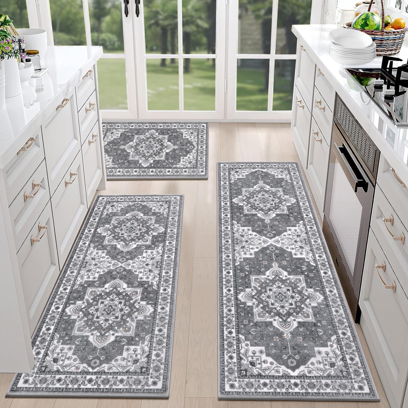 HEBE Farmhouse Kitchen Rugs Sets of 3 Non Slip Washable Boho Kitchen Rugs and Mats for Floor Kitchen Runner Rug Floor Carpet for Kitchen, Laundry,