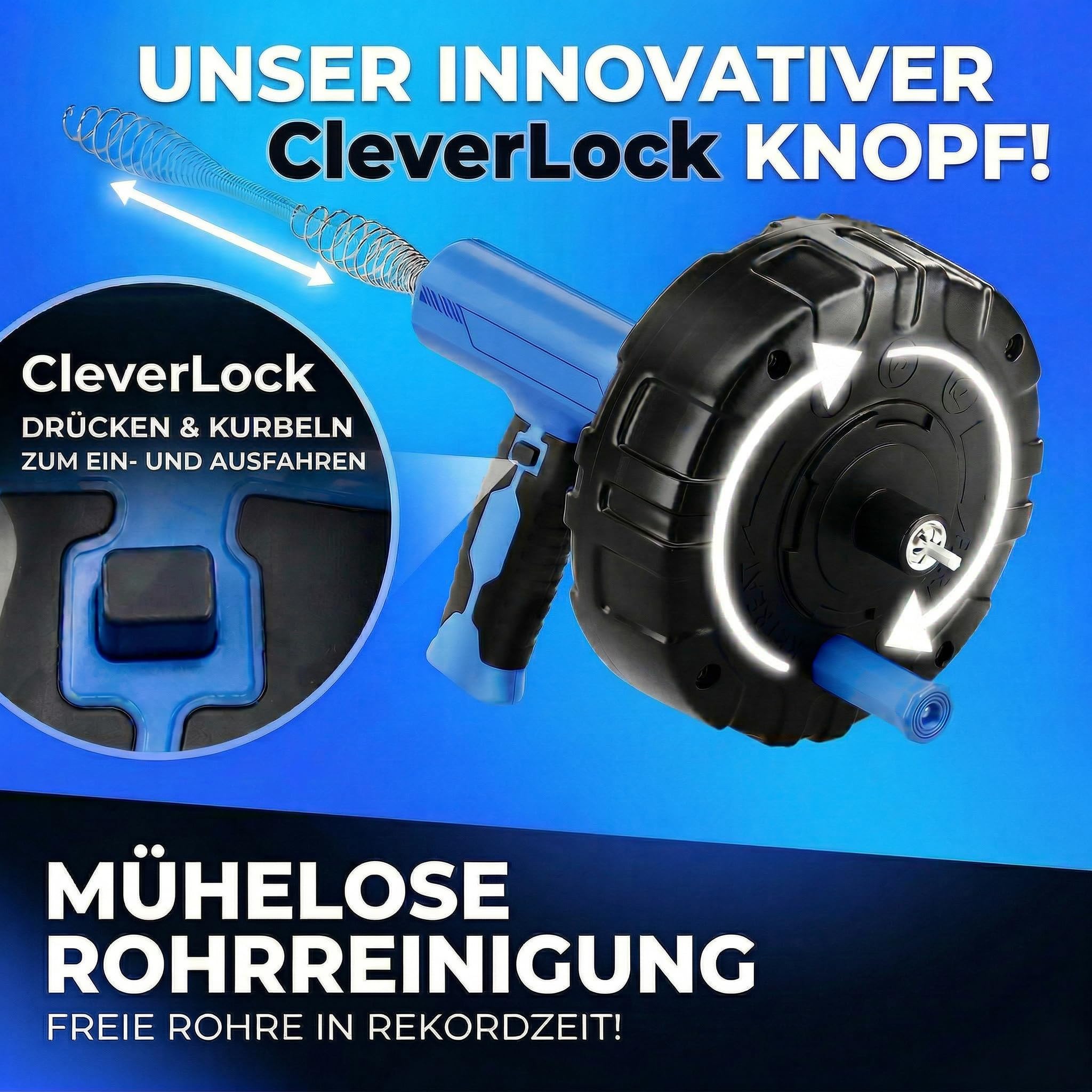 Rohrreinigungsspirale 7,5m [Automatische Drahtzuführung] Abflussspirale mit -Bohraufsatz- Abflussreiniger Spirale Abfluss Rohrreinigung für Waschbecken, Bad, Küche