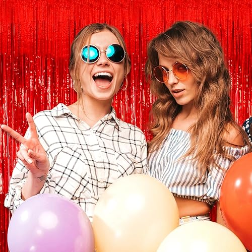 Miniatura 6 de Paquete de 6 cortinas de flecos de papel de aluminio rojo, 3.28 pies x 8.2 pies, cortinas metálicas de oropel con flecos para cabina de fotos,