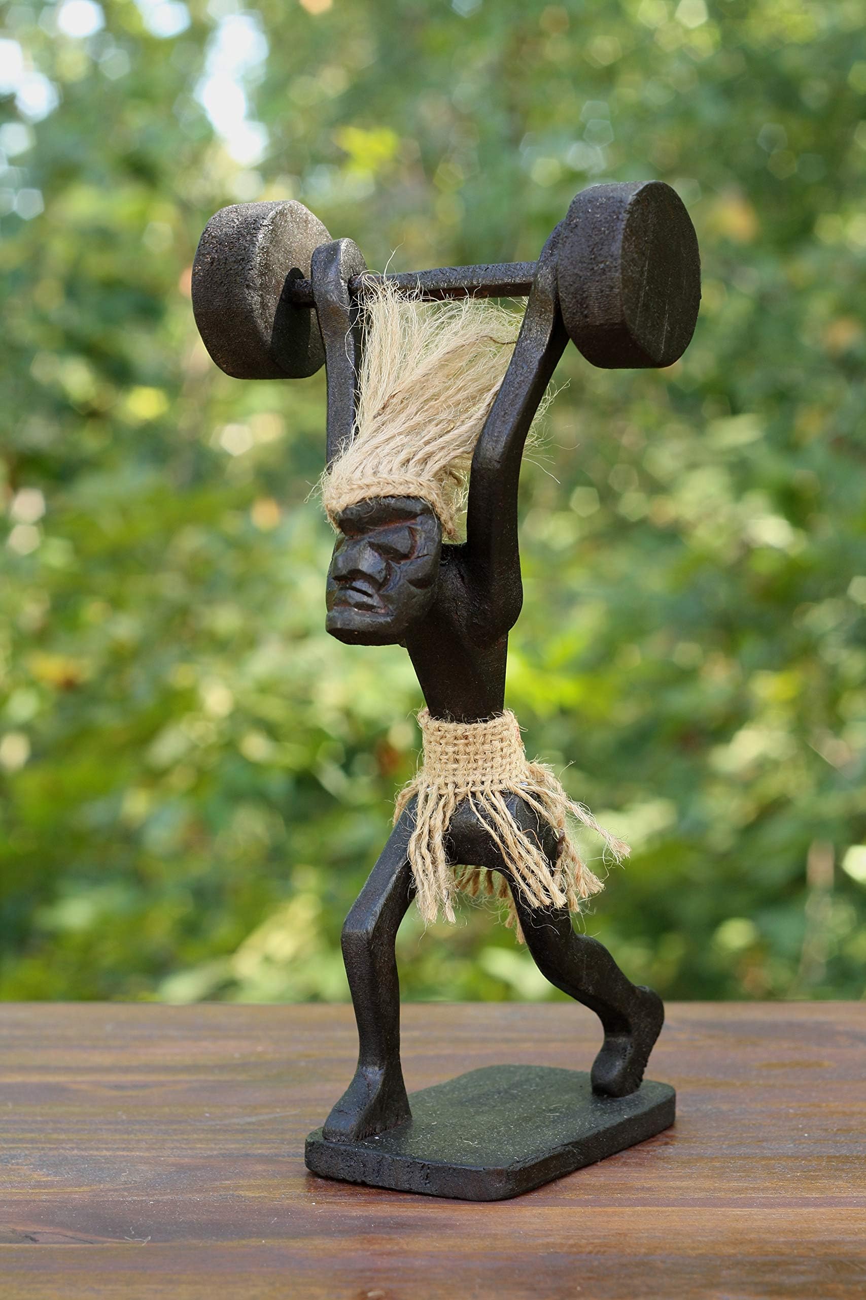 Handmade Wooden Primitive Tribal Funny Statue Sculpture Tiki Bar Handcrafted Unique Gift Home Decor Accent Figurine Decoration Artwork Hand Carved (Weightlifting)