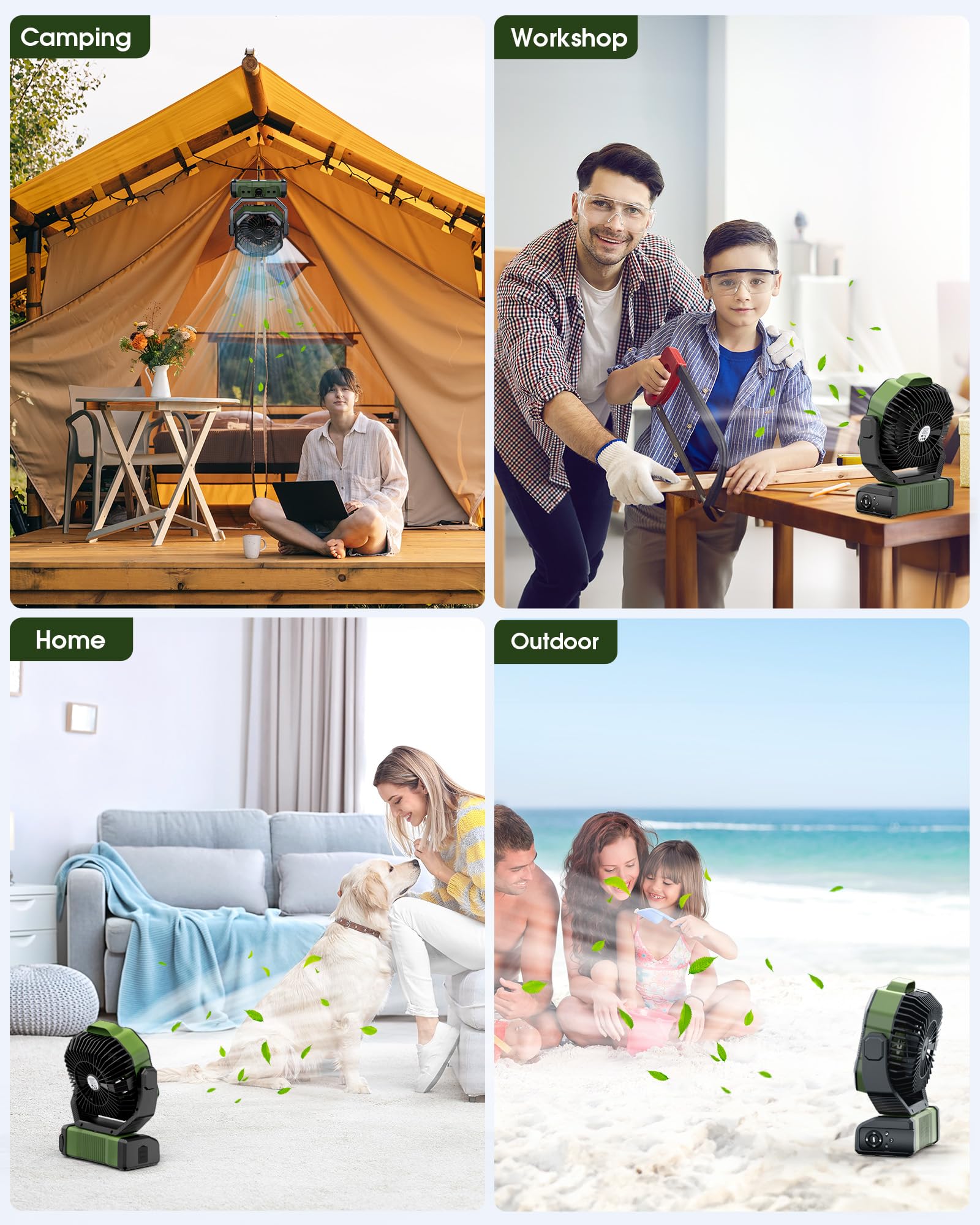 Ventilatore da campeggio ricaricabile portatile 20000mAh Ventilatori a batteria senza fili | con lanterna a LED, ventilatore da tavolo oscillante automatico USB C per viaggi, picnic, barbecue, tenda all'aperto