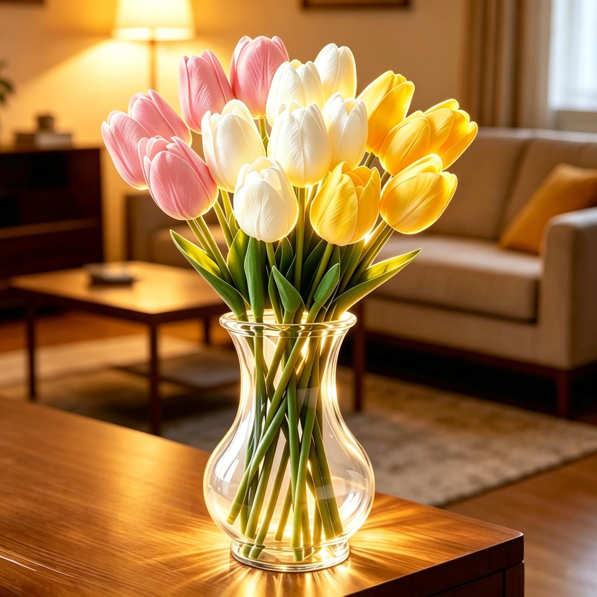DVDVBOOM Artificial Tulip Flower Light Radiant Faux Tulips Battery Powered Lamp with Bendable Stems Real Touch PU Petals Romantic Ambient Décor for Home Wedding Tables & Holiday Gifting (15 Pcs)