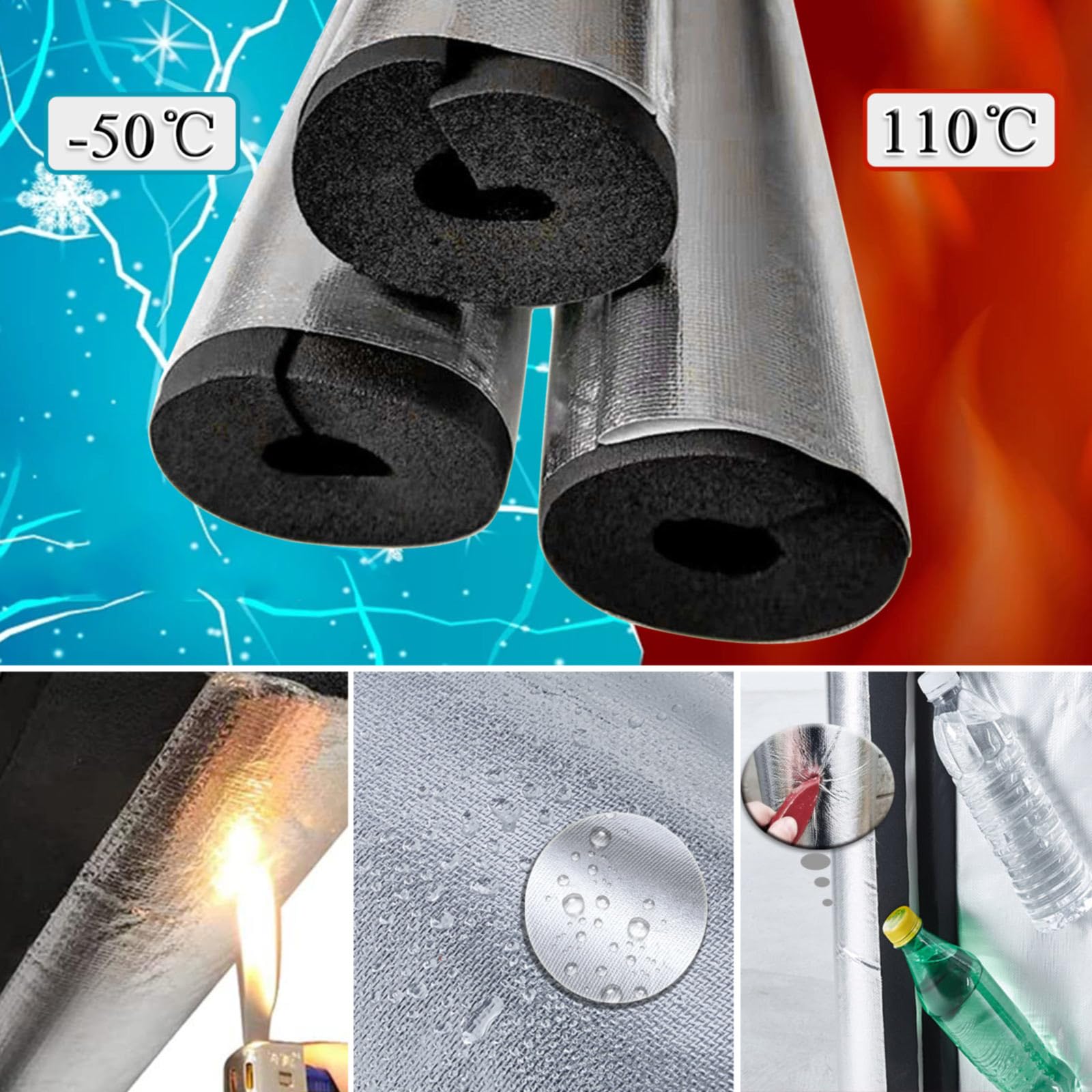 Tubo de Espuma, Fundas de Aislamiento Térmico para Tuberías Exteriores, Coquilla Aislante de Papel de Aluminio Autoadhesivo, para Coquilla Aislante Tuberías (ID) 219mm x (T) 30mm x (L) 0.9m