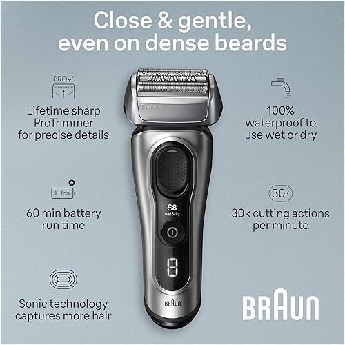 Miniatura 10 de Braun Maquinilla de afeitar eléctrica serie 8 8560cc para hombres, elementos de afeitado 4+1 y recortadora de cabello largo de precisión, centro de