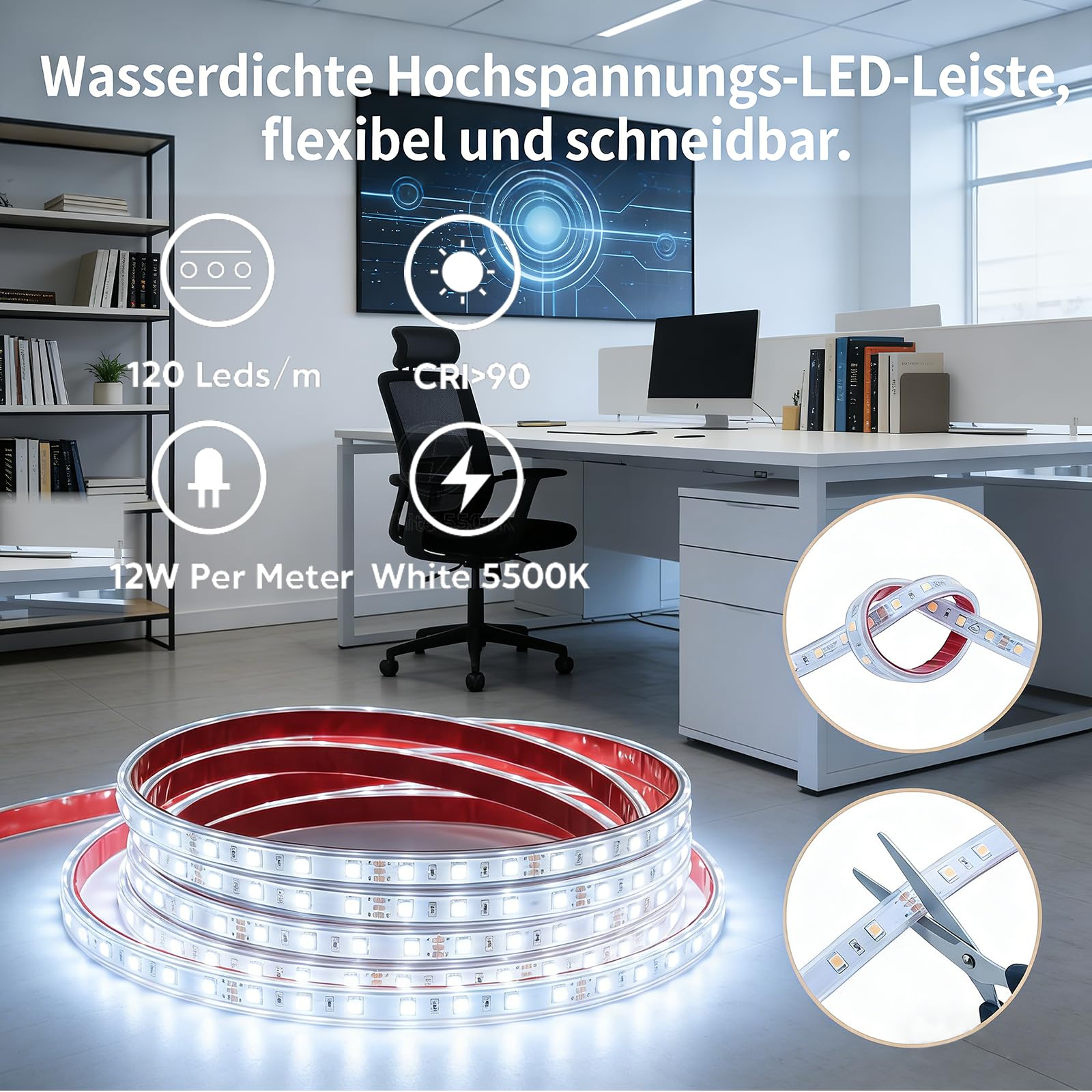Nastro LED da 5 m, bianco freddo, 230 V, autoadesivo, SMD 2835, 120 LED/m, 230 V, per esterni e costruzione di negozi, IP67, impermeabile (bianco freddo, 5 m)