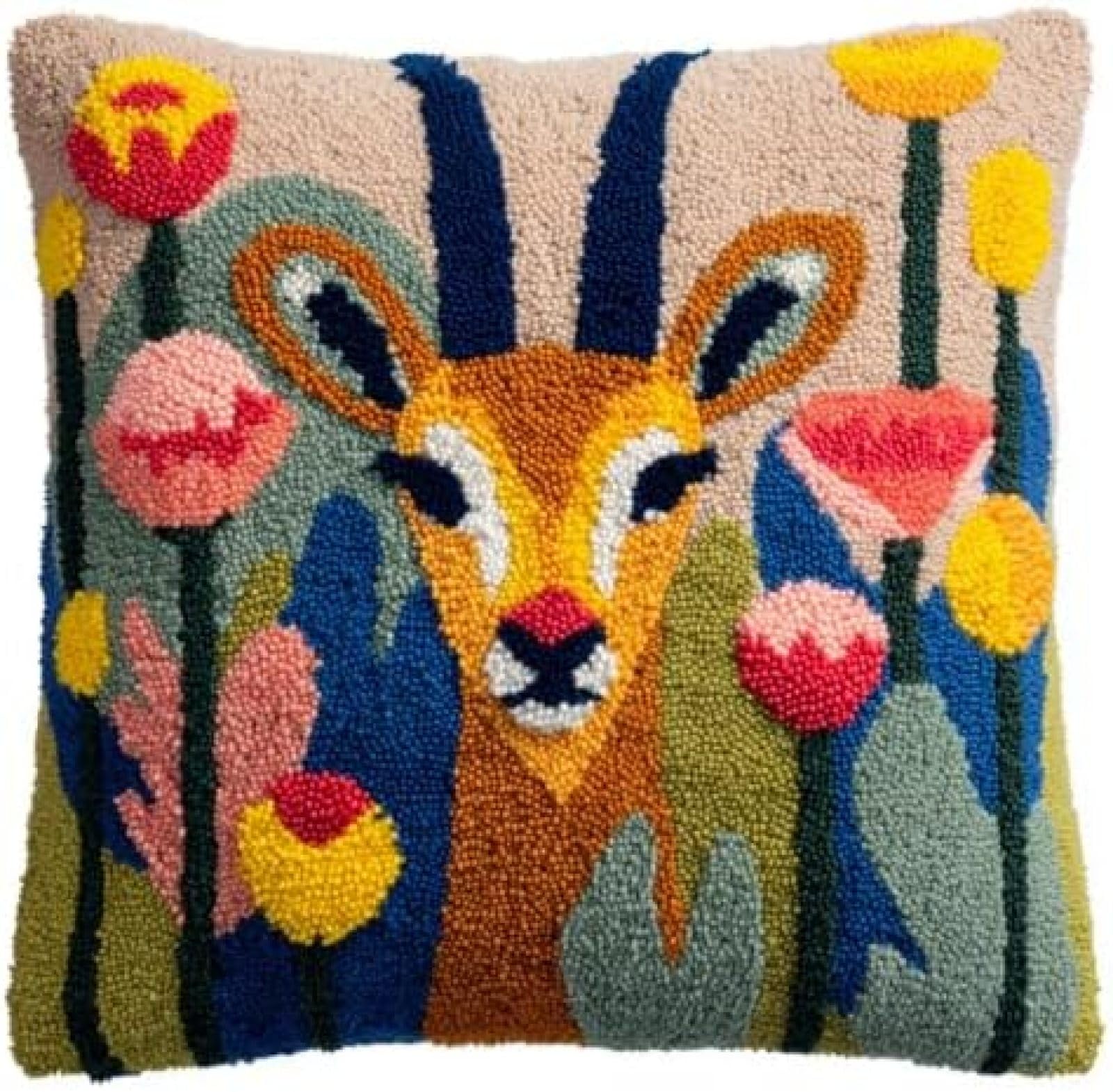 kitphoenix Latch Hook Cushion Cover Kit for Adults Beginners,Antelope Portrait in Flowers,43x43 cm DIY Craft Kit with Pre-Printed Canvas,Pre-Cut Yarn and Hook