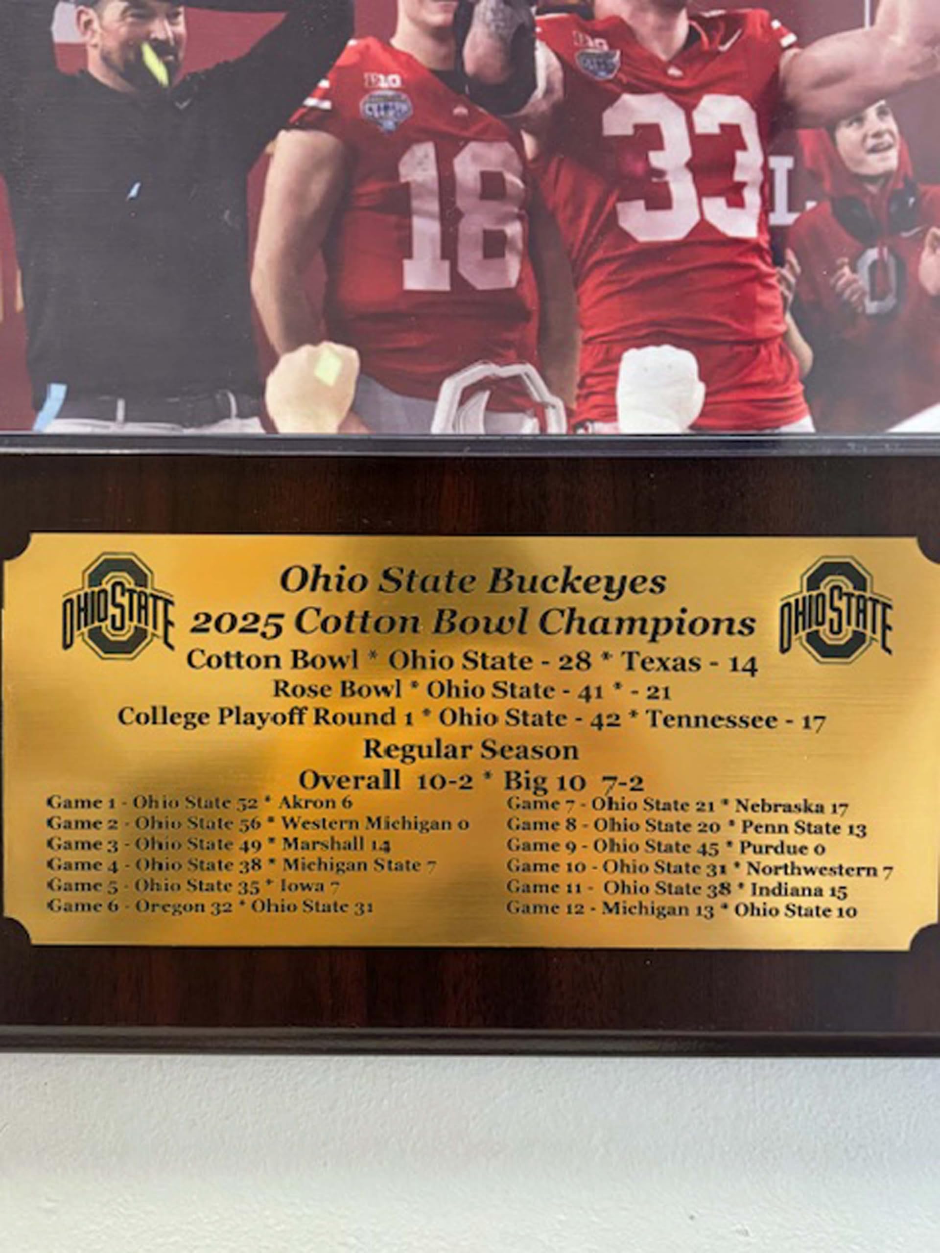 Ohio State 2025 Cotton Bowl Champions 8x10 Photo Plaque with an Engraved nameplate with The Season Results (Oak)
