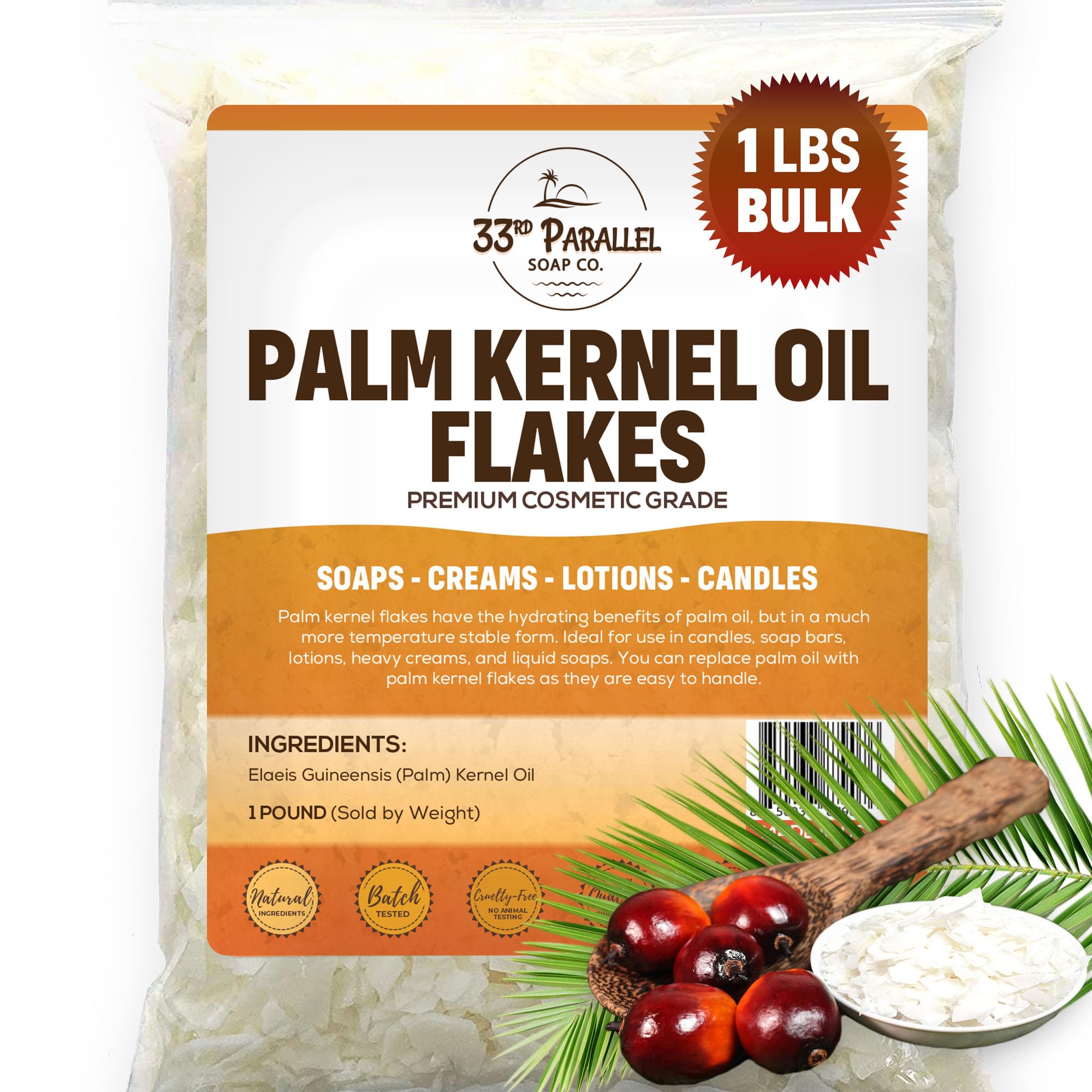 ORGANIC PALM KERNEL OIL FLAKES | Organic Premium Cosmetic Grade Palm Kernel Oil Flakes for Making, Creams, Lotions & Candle Making | Sizes 1 to 5 LBS | (1 POUND)
