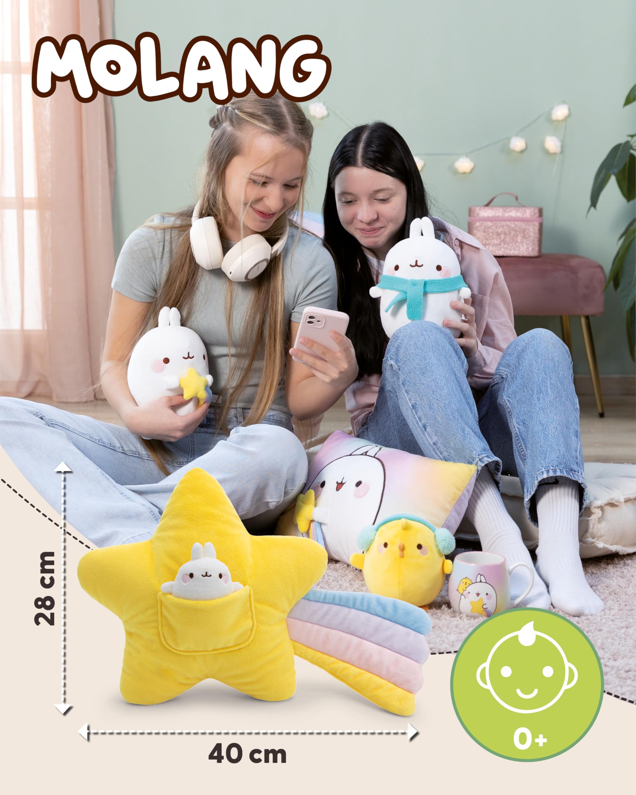 NICI 62222 Pluszowa poduszka, spadająca gwiazda i Molang, puszysta poduszka do przytulania dla dzieci i dorosłych, idealna do domu, przedszkola lub na podróż, 40 x 28 cm, żółta