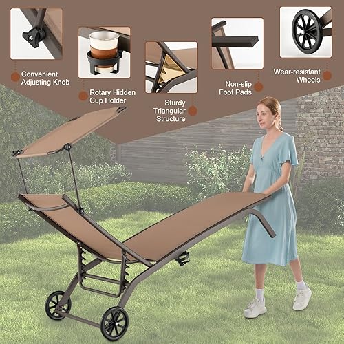 Miniatura 4 de Giantex Tumbona para exteriores, silla de bronceado con sombrilla y ruedas lisas, posición ajustable de 6 niveles, soporte para tazas, marco de