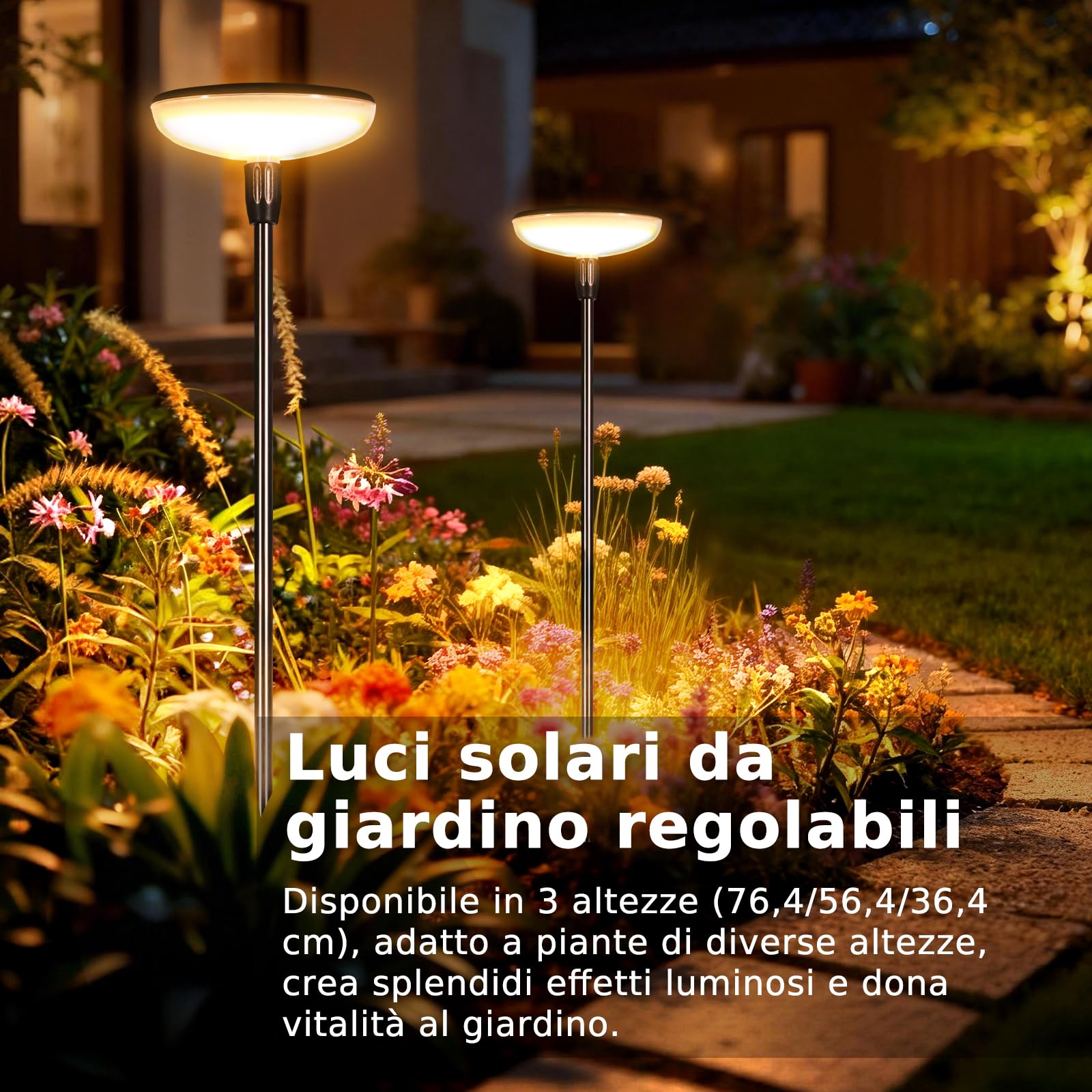 Luci Solari da Giardino Set 4 Pezzi, Lampade Solari da Esterno con Bianco Caldo e RGB, 1000mAh, 21 LEDs 55 lumen, Altezza Regolabile 77 cm, Impermeabile IP65 per Esterno Festa Terra Prato