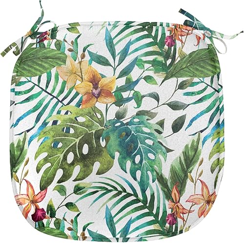 Miniatura 2 de Ambesonne Leaf - Juego de 8 cojines de asiento para silla, estilo vintage retro de los años 60, parecen plátano, palmera, hojas, flores, hibisco,