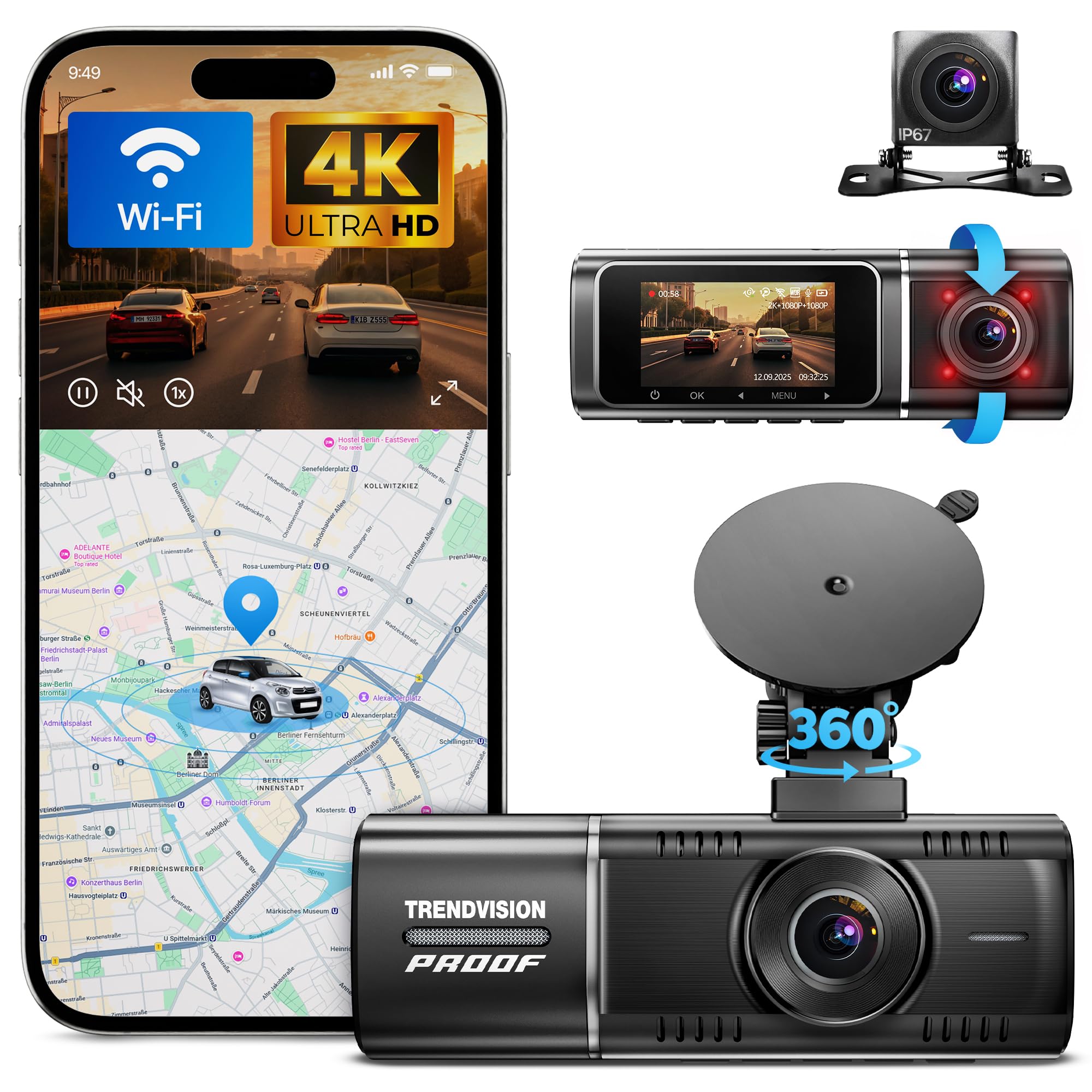 Proof Ultra Dash Cam 3 Canali 4K+2K Anteriore e Interna con Posteriore, GPS, WiFi App, Visione Notturna IR, Modalità Parcheggio