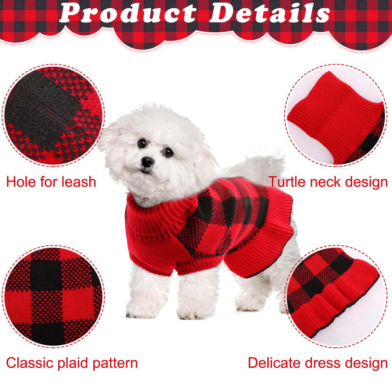 Pull pour chien, pull à col roulé en tricot chaud pour l'automne et l'hiver - Motif classique à carreaux - Style princesse - Pour femme de petite et moyenne taille - Trou pour laisse (rose, rouge)