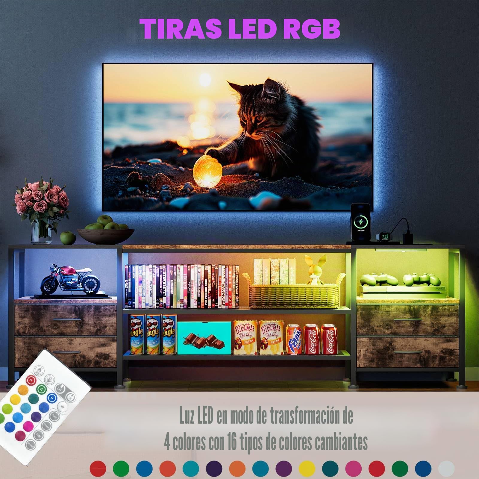 Mueble TV con Enchufe y LED, Mesa TV de hasta 70 Pulgadas, Marrón | 40x160x63cm Mesa Television para Salón Dormitorio Cines en Casa, Espacio de Almacenamiento de Gran Capacidad, Marco de Acero
