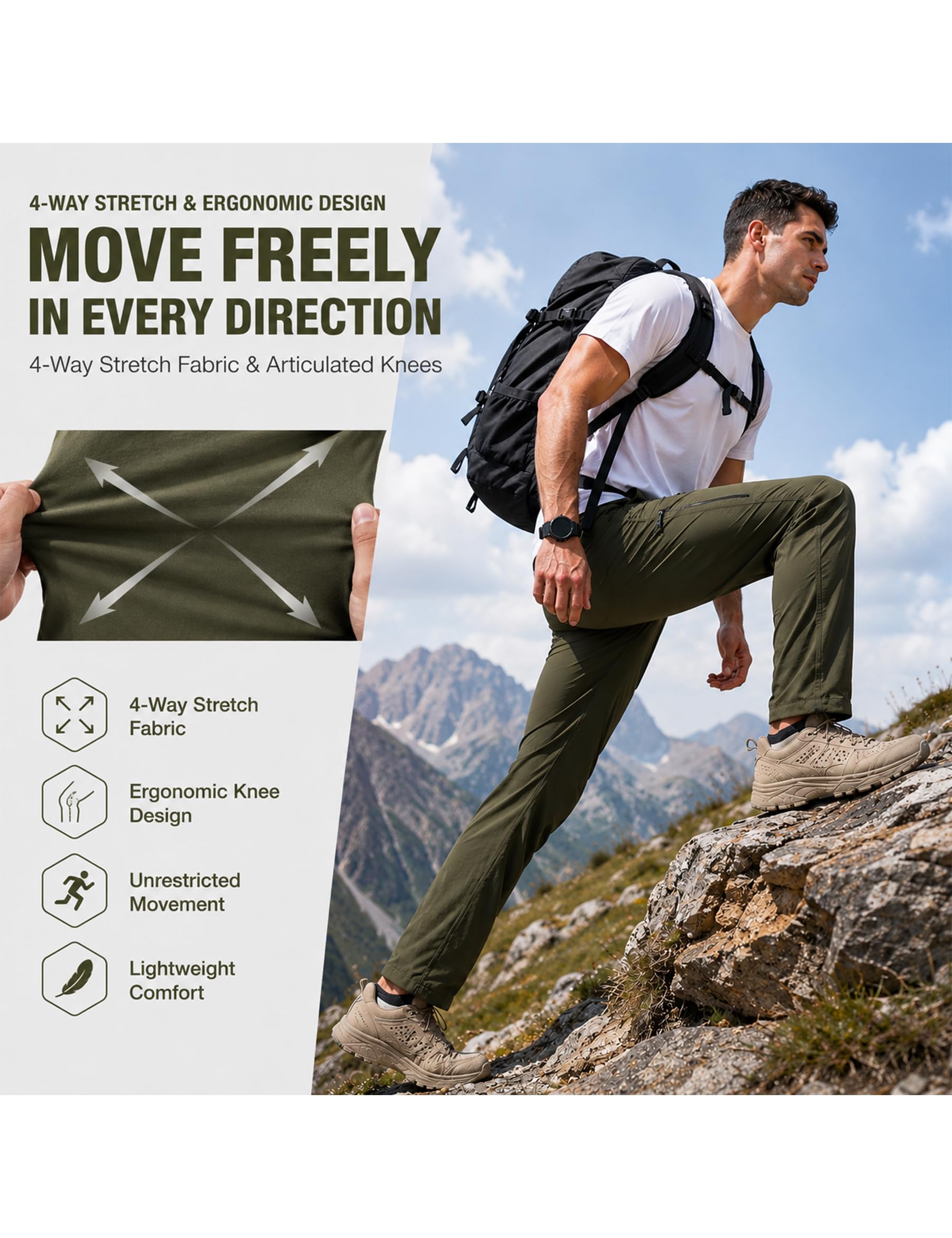 KUTOOK Pantalón Trekking para Hombres Pantalones Tácticos Senderismo Elástico Respirante Cortaviento Ligero Senderismo con 5 Cremalleras Bolsillos LP626