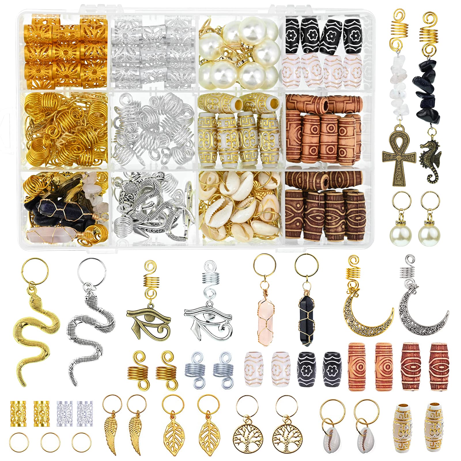 196 PCS Braids Jewelry for Women , Dreadlock Accessories Gold Wire Wrapped Crystal Pearls Pendant Jewelry for Hair, Imitation Wood Beads for Braids, Metal Hair Clips Shell Hair Pendants Decoration