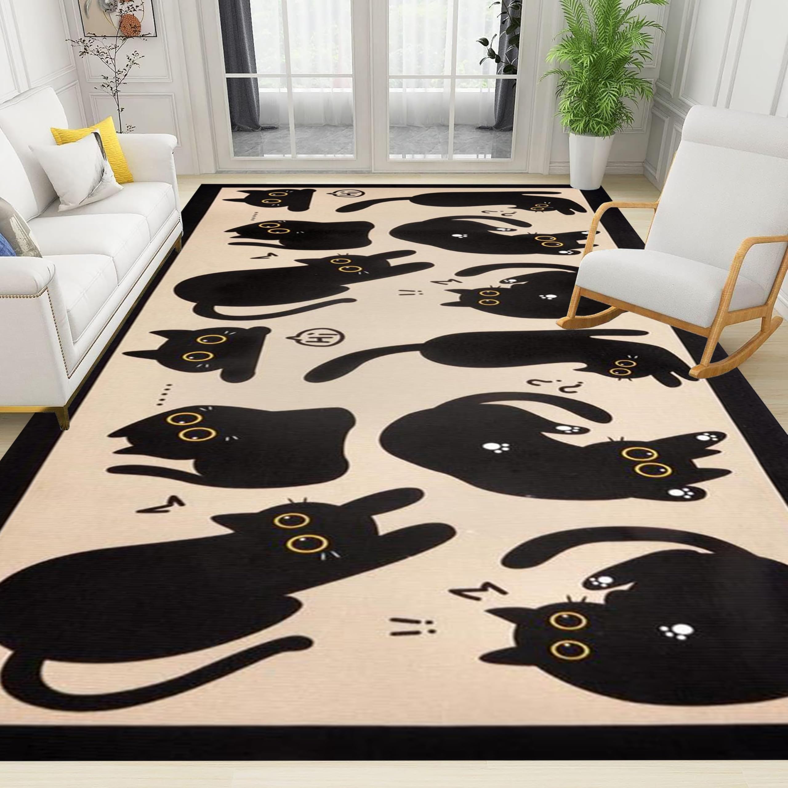 Bycmuoz Cute Black Cat Rug for Bedroom, 180x260cm, Kawaii Cat Print Pattern Lovers Home Decor Rug, Reduce Noise Breathable Washable Dirty Resistant Carpet for Nursery Bedroom Kids Teen