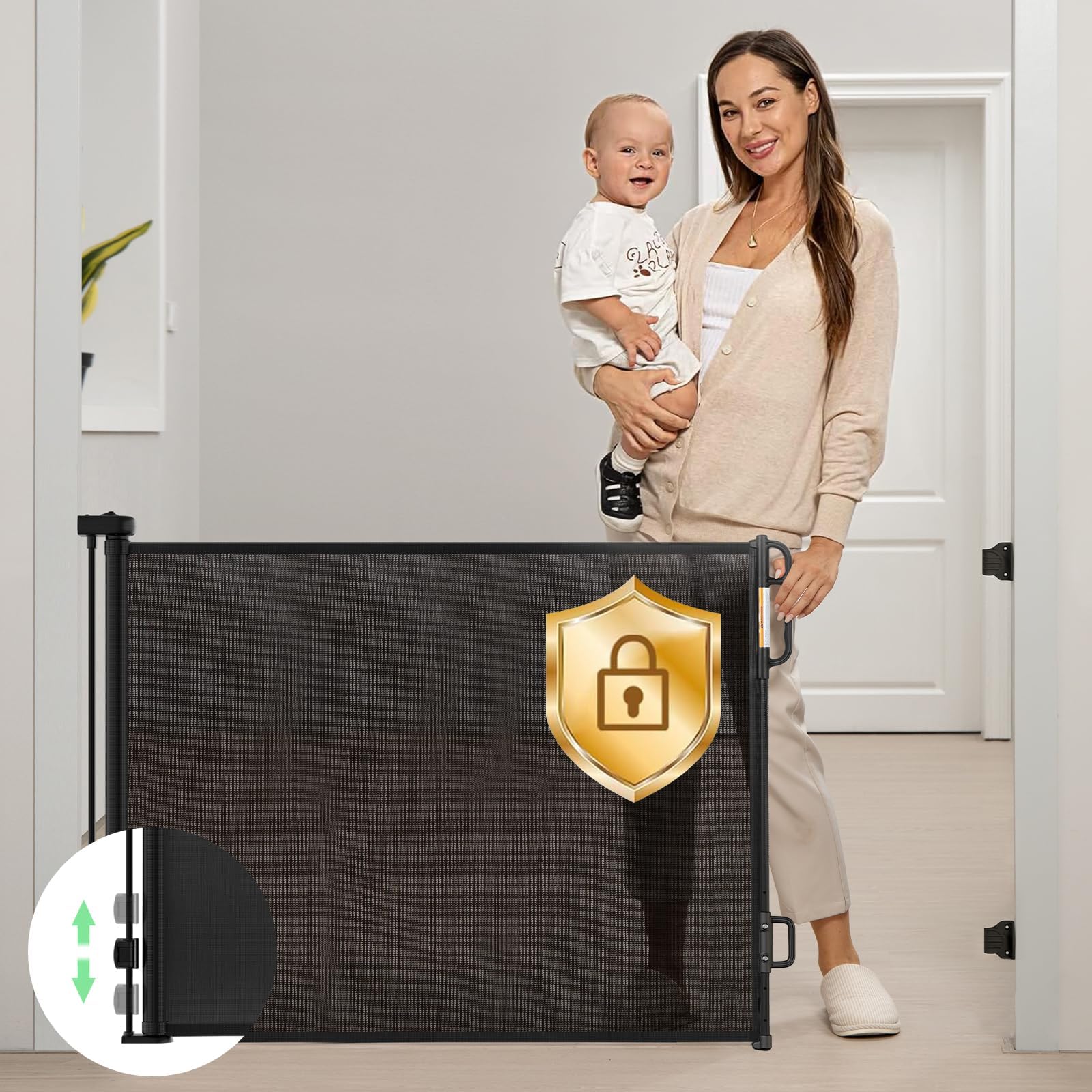 Momcozy Puerta de Escalera Retráctil para Bebé, 33" de Alto, Extiende hasta 55" de Ancho,Diseño Retráctil hacia Arriba y hacia Abajo Puerta de Malla para Perros para Interior/Exterior